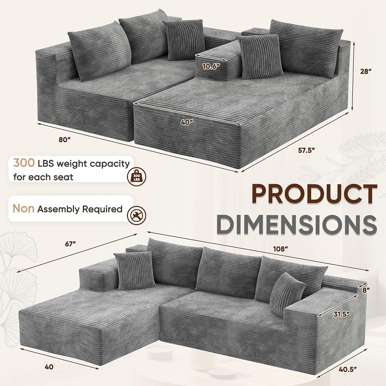VICTONE 108' Cloud Sectional Couches, Boneless Couch Modular L-Shaped Sofa with Deep Seat, Modern Comfort Upholstered Sofas for Living Room, No Assembly Required (Corduroy, Grey)