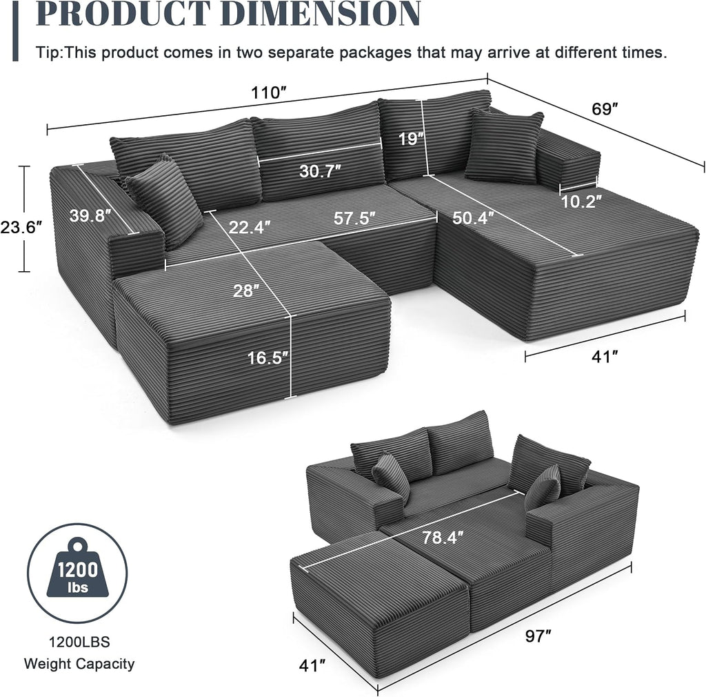 Mangodan 110' Cloud Sectional Couch, Boneless Sofa for Living Room, Modular Sectional Sofa with Deep Seat, Comfy Fluffy U-Shaped Couch with Right-Facing Chaise, No Assembly Required, Grey