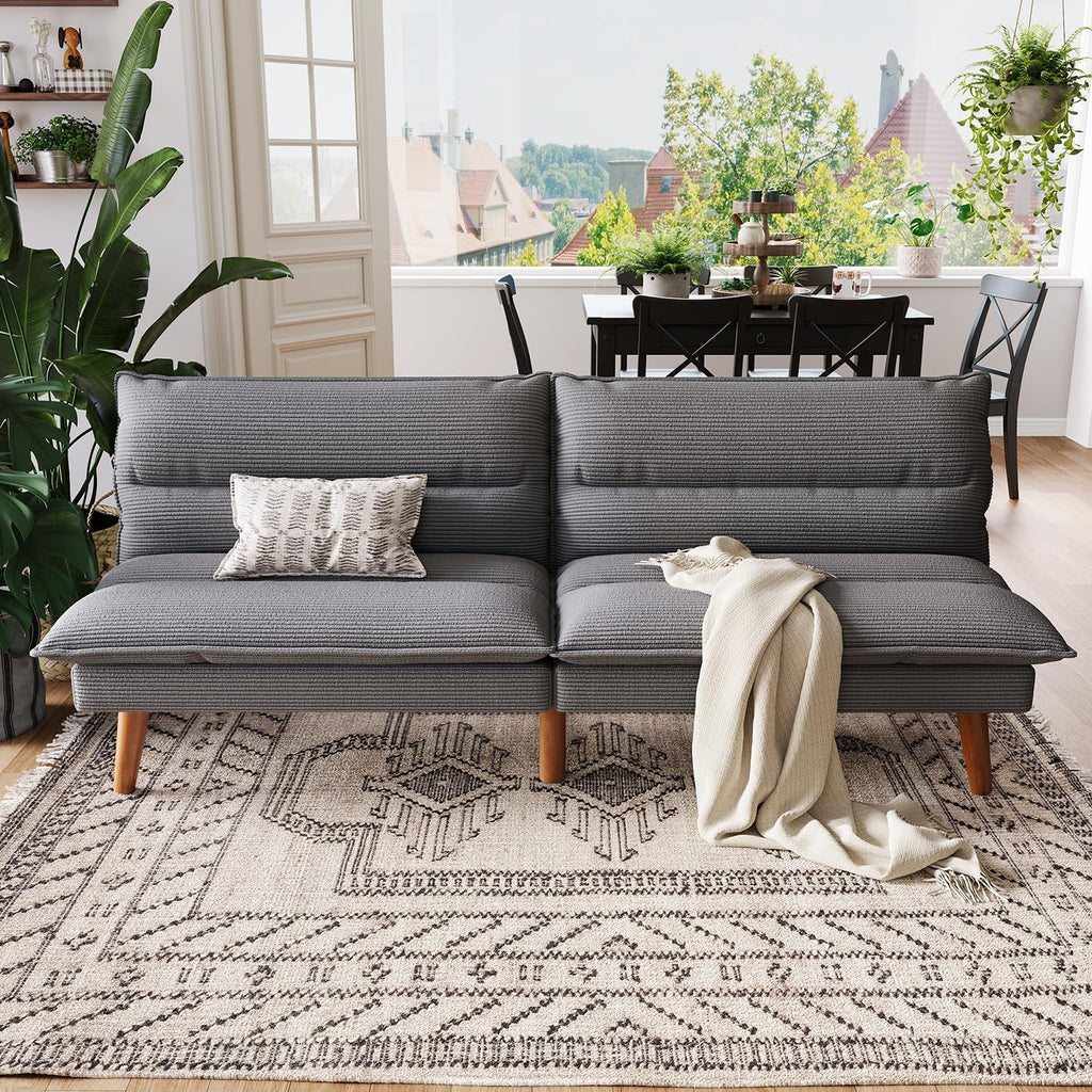 LINSY HOME Futon Sofa Bed - Convertible Corduroy Futon Couch Bed with Adjustable Backrest, Modern Small Loveseat Sleeper Sofa for Small Spaces, Living Room, Apartment or Office (Grey)