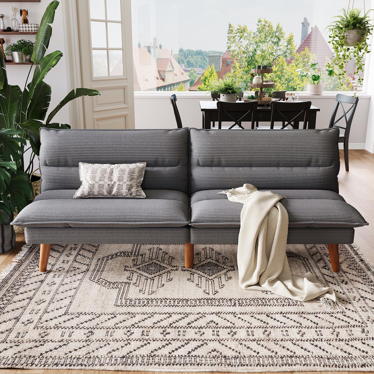 LINSY HOME Futon Sofa Bed - Convertible Corduroy Futon Couch Bed with Adjustable Backrest, Modern Small Loveseat Sleeper Sofa for Small Spaces, Living Room, Apartment or Office (Grey)