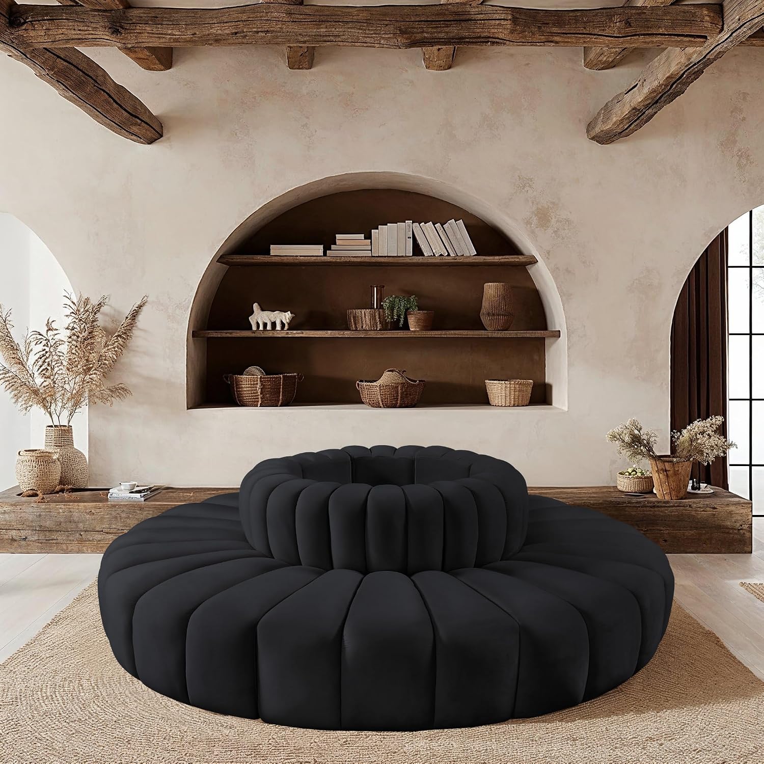 Meridian Furniture 103Black-S8D Arc Collection Modern | Contemporary Modular Sofa with Soft Black Velvet, Deep Channel Tufting, Modular Design, 90' W x 90' D x 30' H, Black