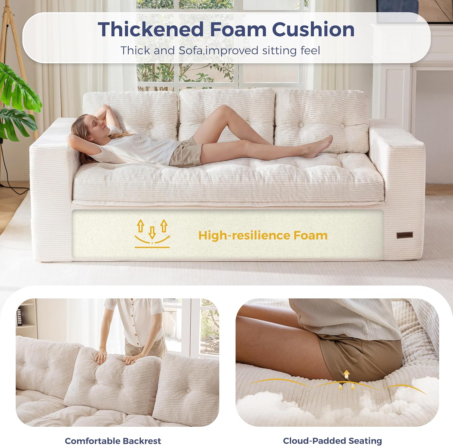 MAXYOYO 79' Loveseat Sofa Couch for Small Spaces, Upholstered Boneless Cloud Couch for Apartment Bedroom, 3-Seater Love Seat Floor Modern Sofa with Pillows, No Assembly Required, Beige