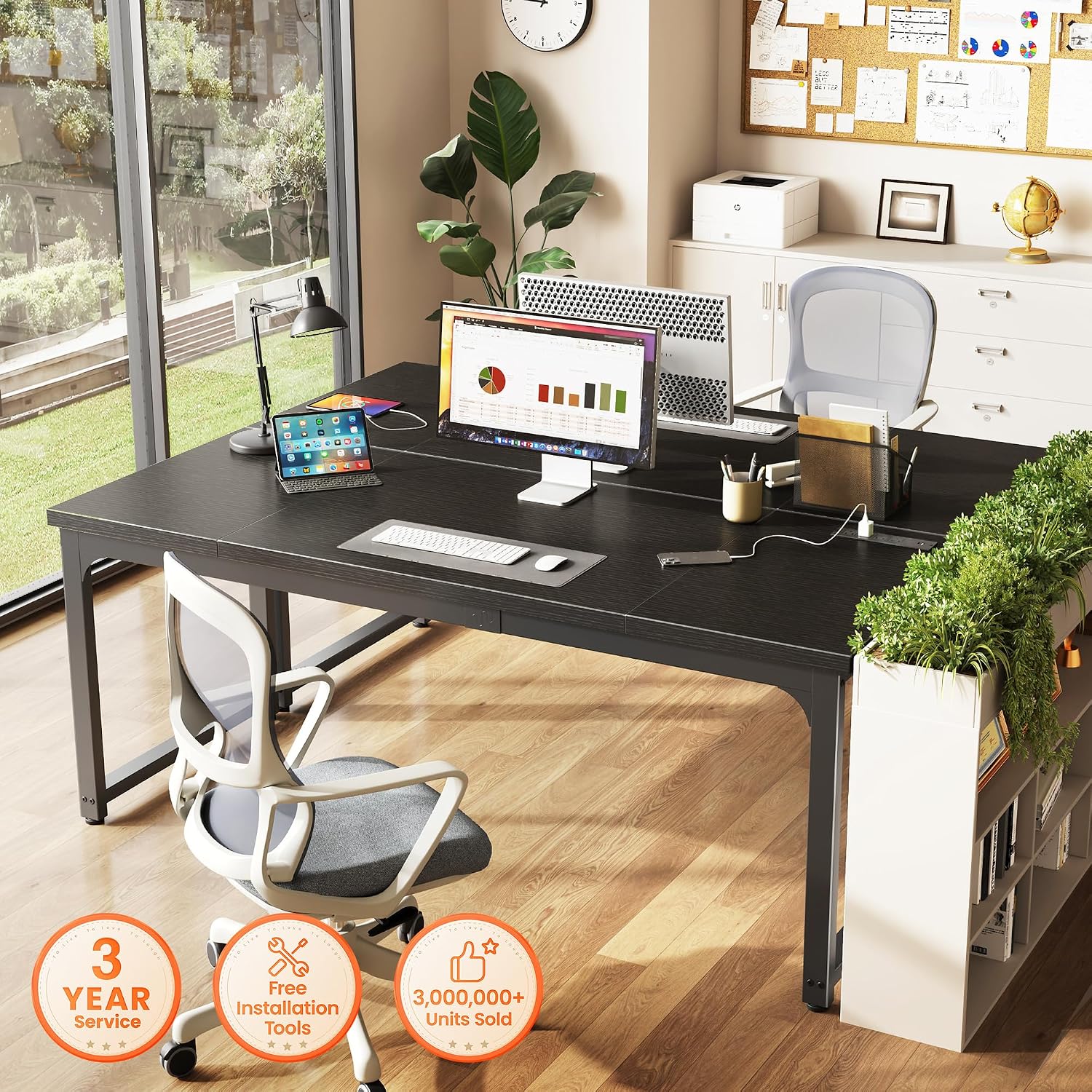 Huuger 63 x 24 inch Desk with Power Outlets & USB-C, Deeper & Thicker Desktop, Robust Metal Tubes, Computer Desk, Heavy Duty Office Desk, Work Gaming Desk, for Home Office, Black