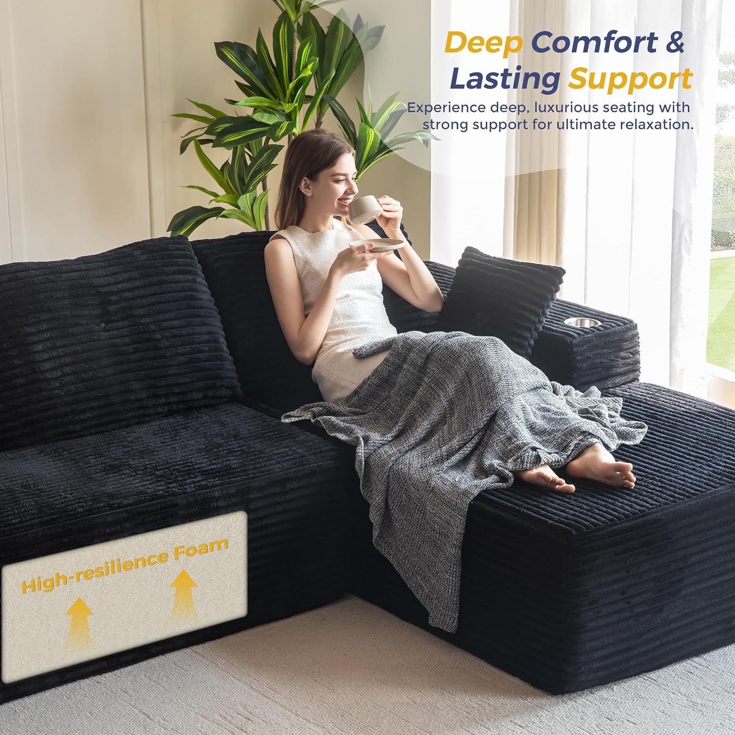 MAXYOYO 104' Modular Sectional Couch with L-Shape Chaise, Modern Boneless Couch for Living Room, Sofa in A Box, Oversized Sofa Sleeper with Deep Seat, No Assembly Required, Black