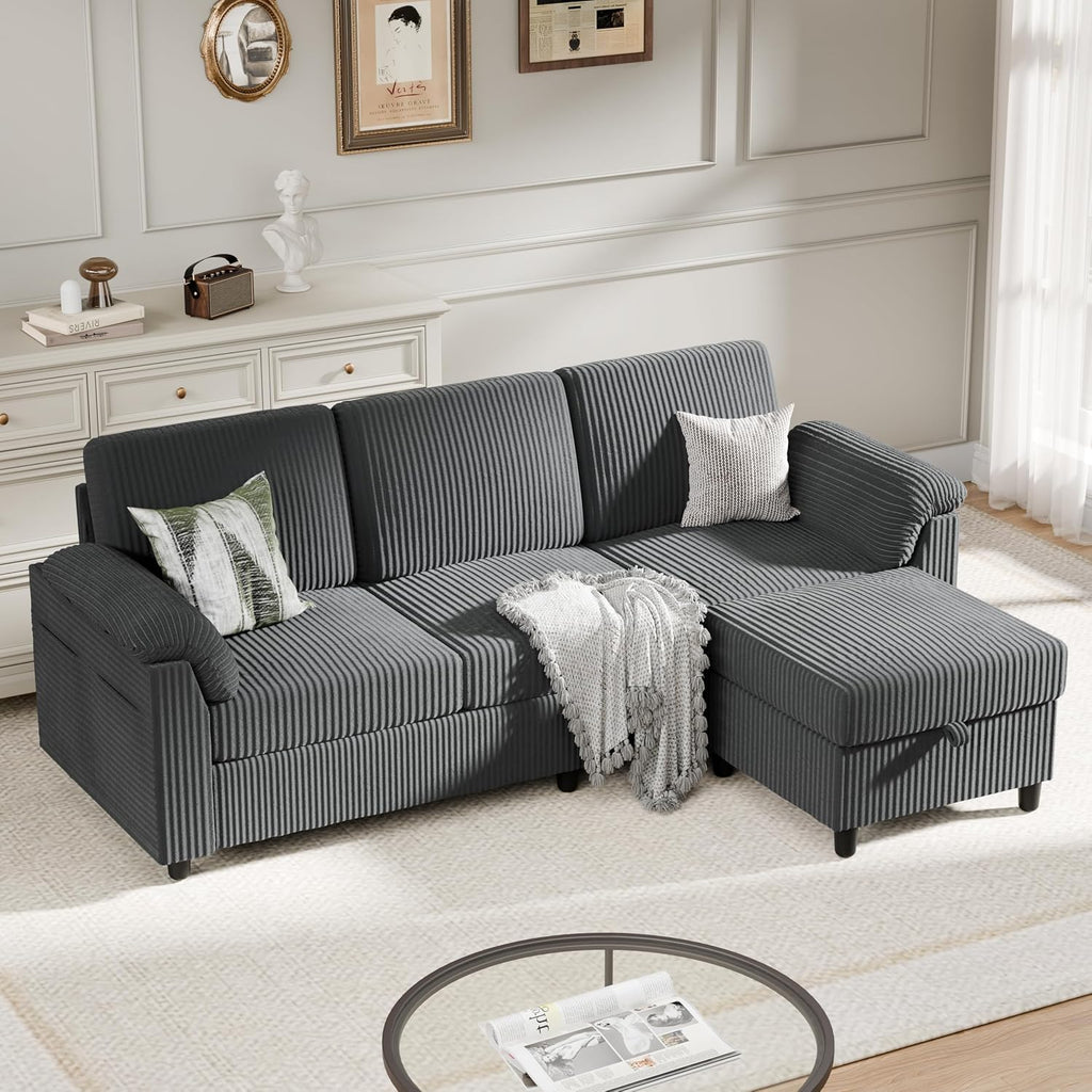 Sectional Couches for Living Room, L Shaped Couch with Side Storage Pockage, Comfortable 3 Seat Sofa Couches for Apartment, Grey