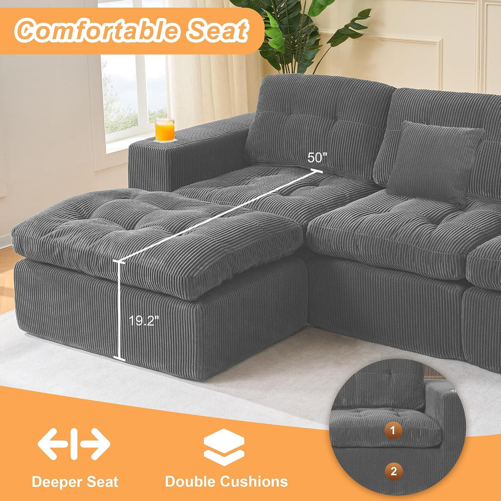 108 inch L Shaped Modular Sofa Bed, 50' Deep Seat Corduroy Boneless Sectional Couch with Ottoman No Assembly, 1400lbs Capacity Cloud Sleeper for Living Room Apartment (Dark Gray)
