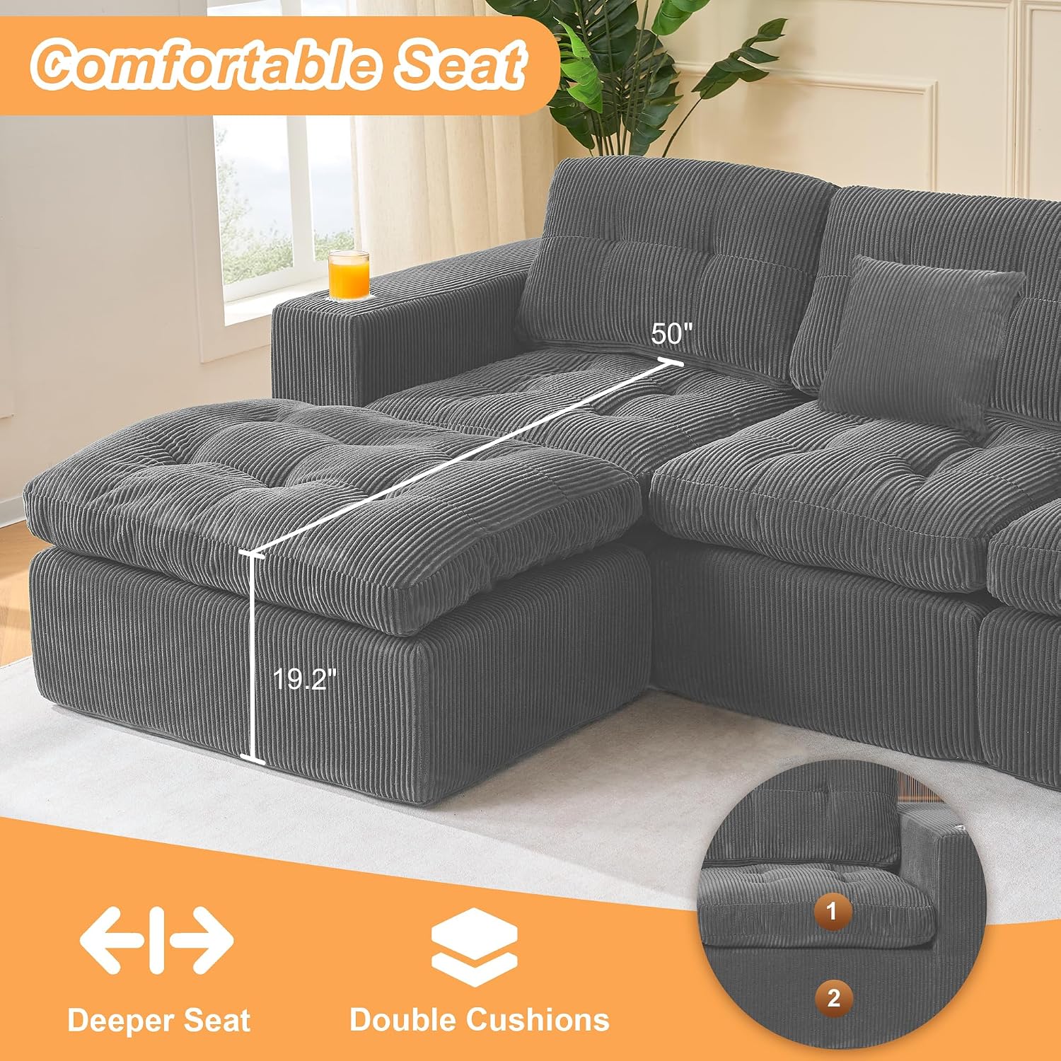 108 inch L Shaped Modular Sofa Bed, 50' Deep Seat Corduroy Boneless Sectional Couch with Ottoman No Assembly, 1400lbs Capacity Cloud Sleeper for Living Room Apartment (Dark Gray)