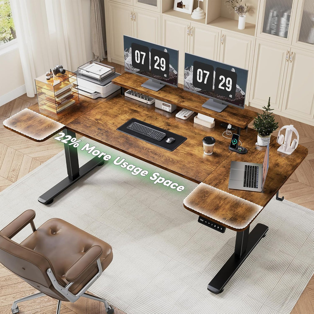 EnHomee 71 x 36 Inch U Shaped Electric Standing Desk, Height Adjustable Desk with Power Outlet, 3 Memory Height Preset, Monitor Shelf for Home Office Work Study Gaming, Brown