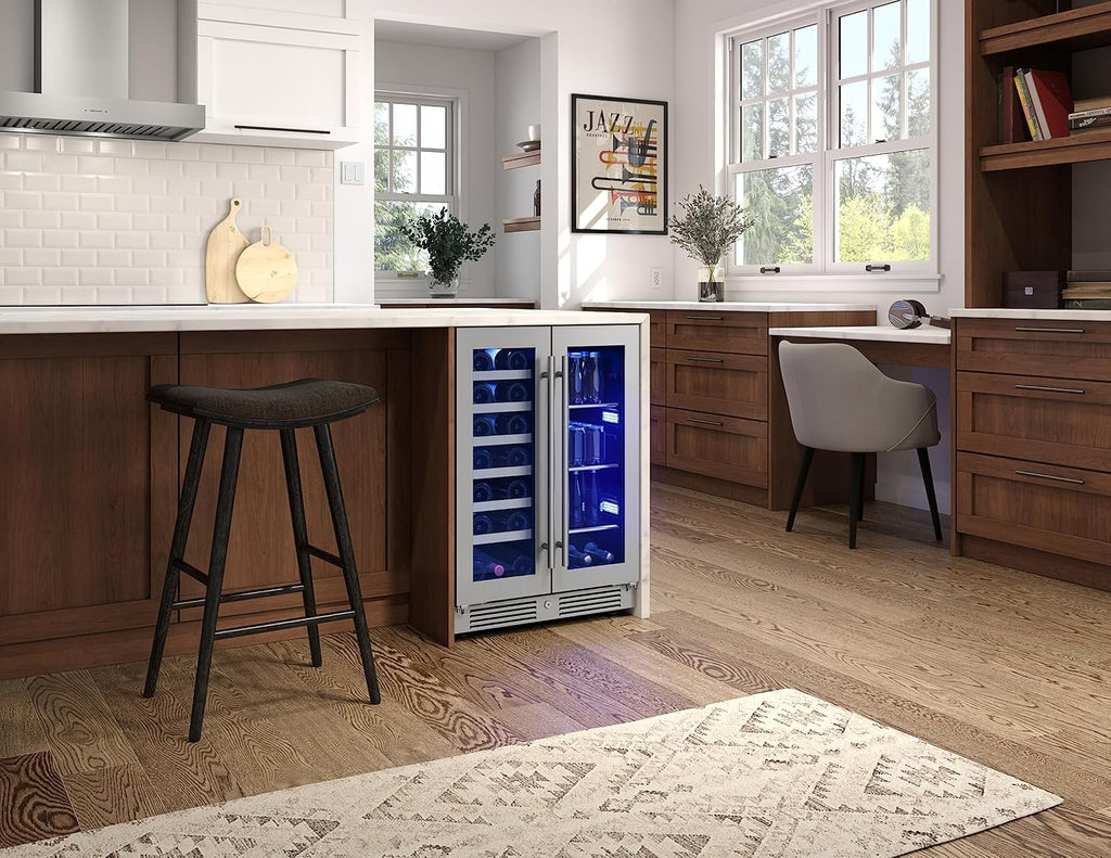 Zephyr PRWB24C32C Presrv 24 Inch Wide 21 Bottle Capacity and 64 Can Capacity Wine and Beverage Cooler Combo with 3-Color LED Lighting - Stainless Steel