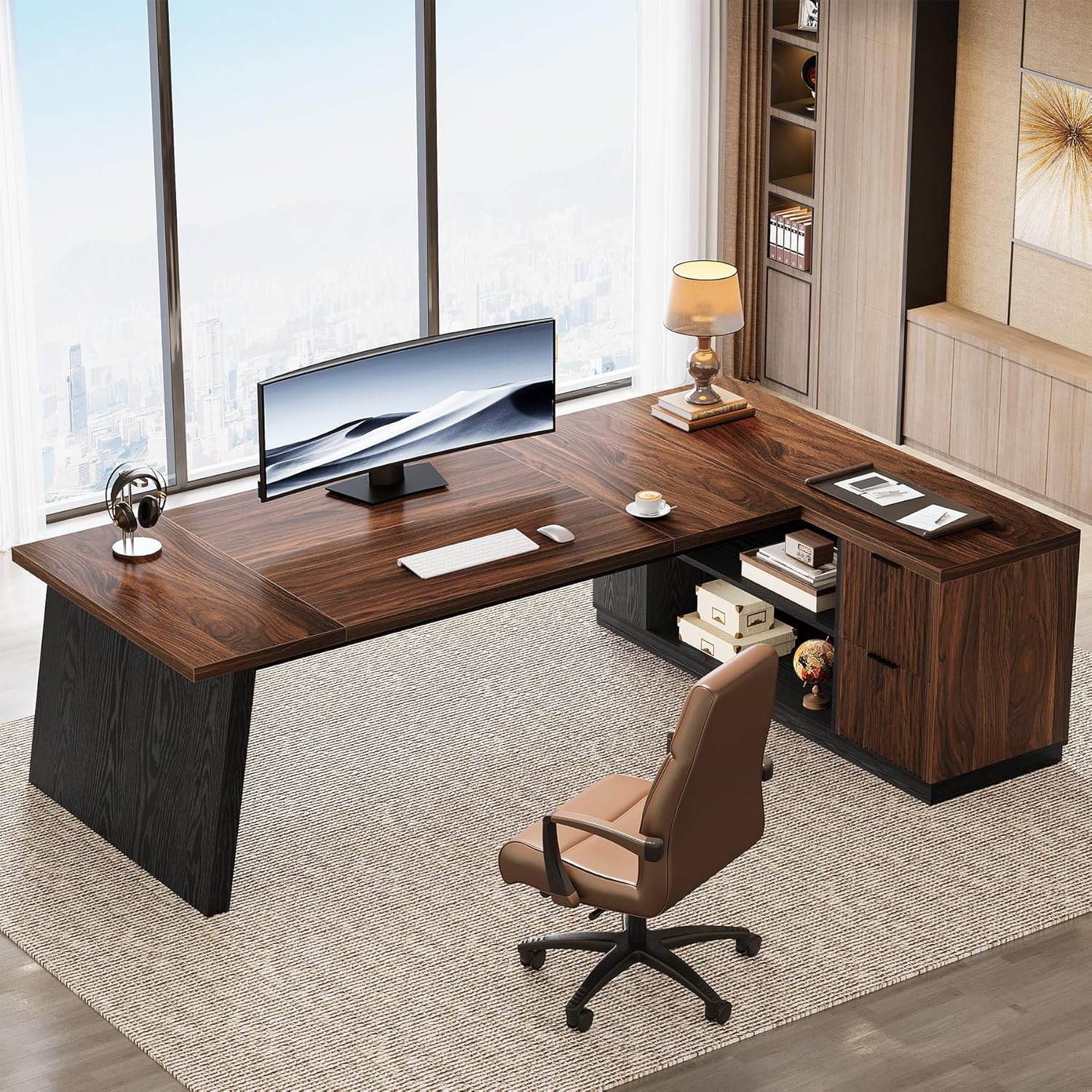 Tribesigns 78' L Shaped Executive Desk, Large Office Desk with Drawers and Storage Shelves, Modern Corner Computer Table Business Furniture for Home Office (Walnut & Brown)