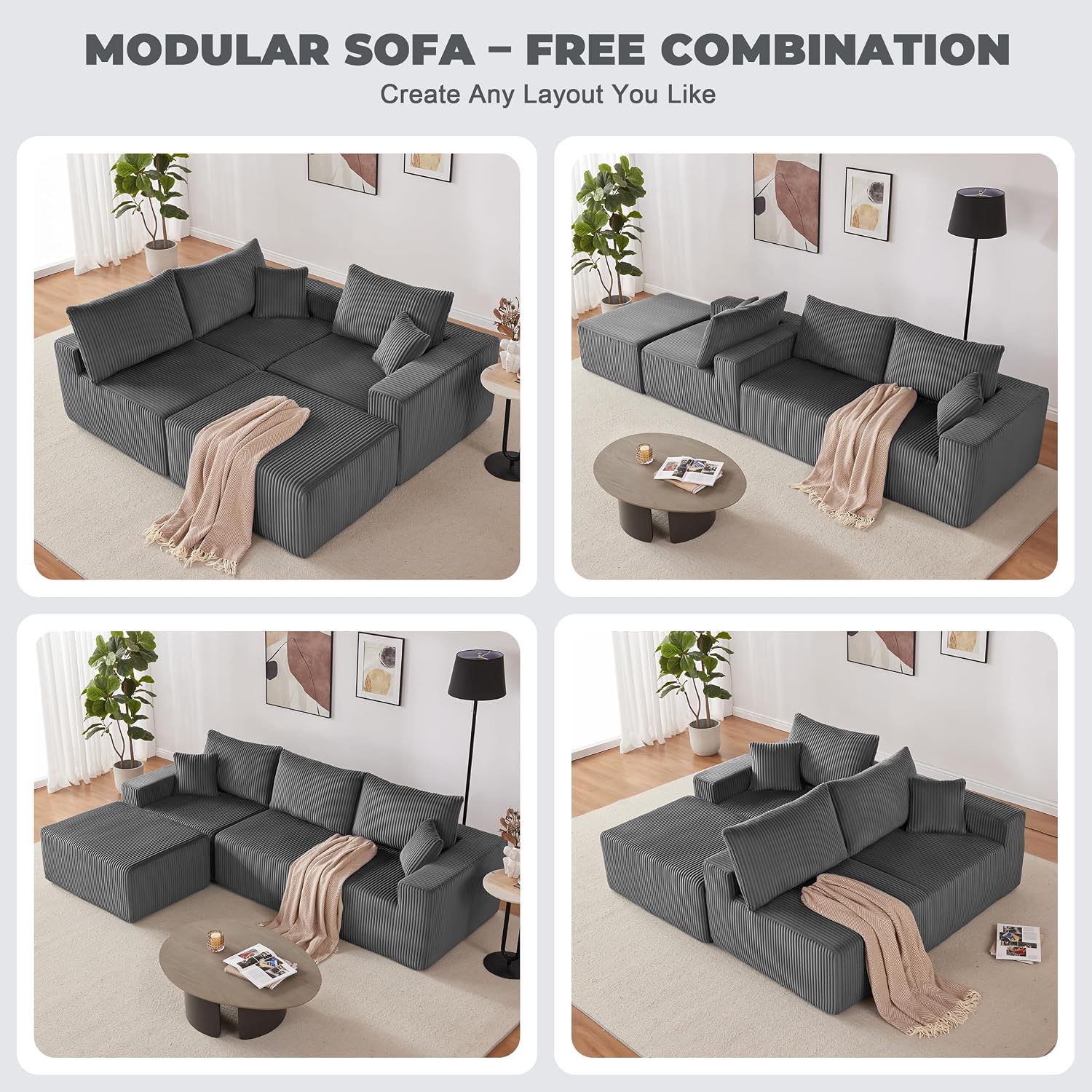 Weture 107' Modular Sectional Sofa, L-Shaped Boneless Couch with Deep Seat, Cozy Cloud Couch Sectional with Convertible Ottoman, Modern Sectional Couches for Living Room, No Assembly, Darkgray
