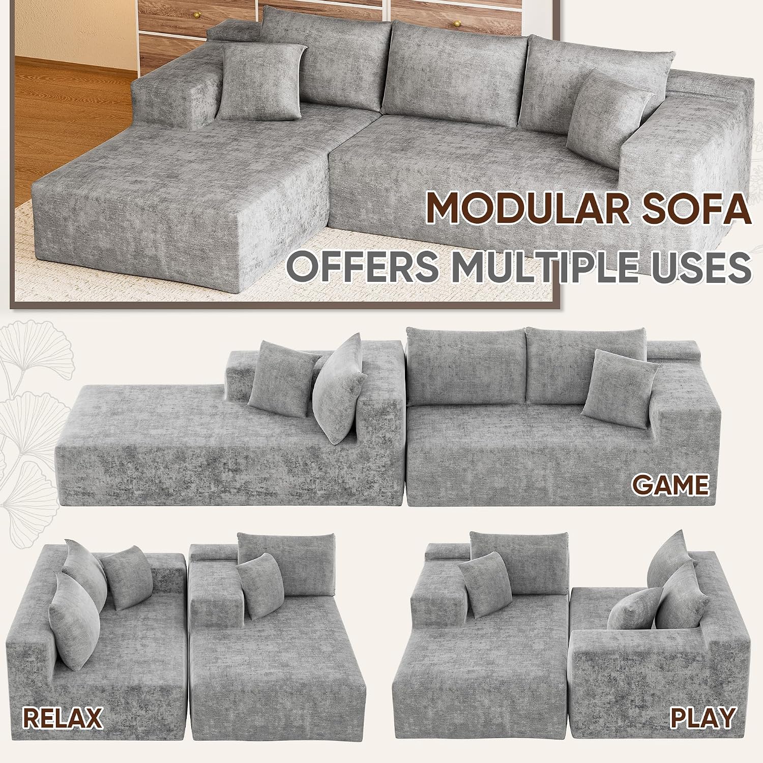 VICTONE 108' Cloud Sectional Couches, Boneless Couch Modular L-Shaped Sofa with Deep Seat, Modern Comfort Upholstered Sofas for Living Room, No Assembly Required (Chenille, Grey)