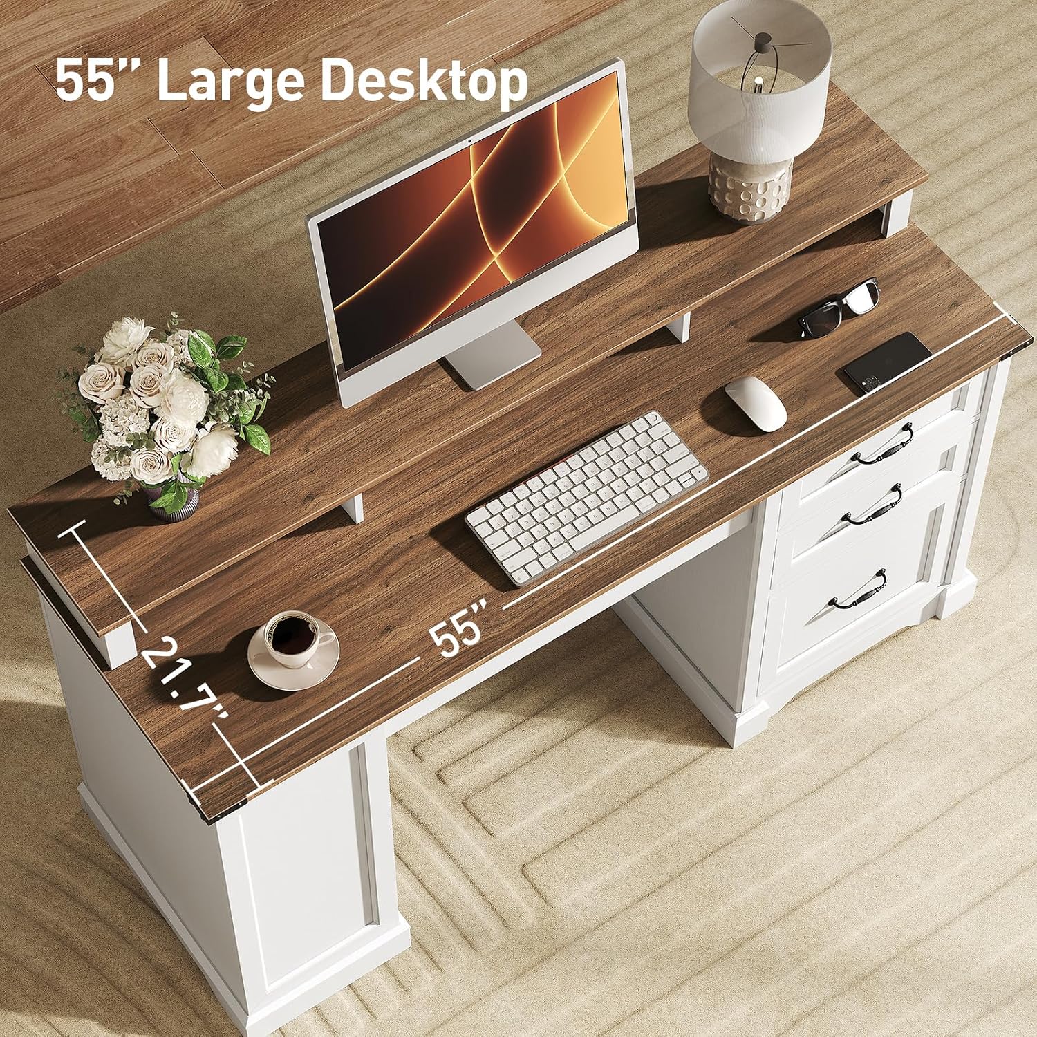 RALGEND 55'' Farmhouse Executive Desk with Drawers, Computer Desk with File Cabinet and Side Bookshelf, Writing Gaming Desk with Monitor Stand & Charging Station, White and Walnut