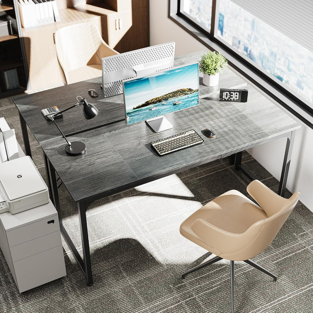 Huuger Computer Gaming Desk, 63 Inch Office Desk with Storage, Writing Work Surface for Home Office, Study, Modern Simple Style, Large Legroom, Metal Frame, Grey