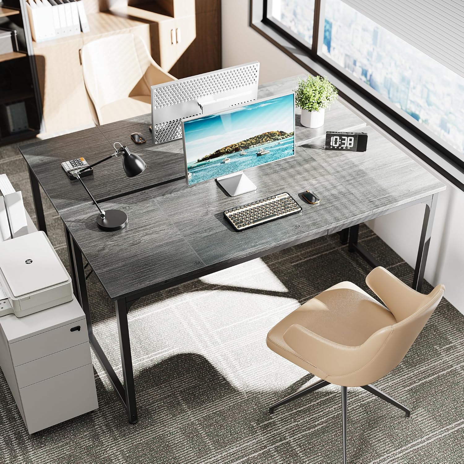 Huuger Computer Gaming Desk, 63 Inch Office Desk with Storage, Writing Work Surface for Home Office, Study, Modern Simple Style, Large Legroom, Metal Frame, Grey