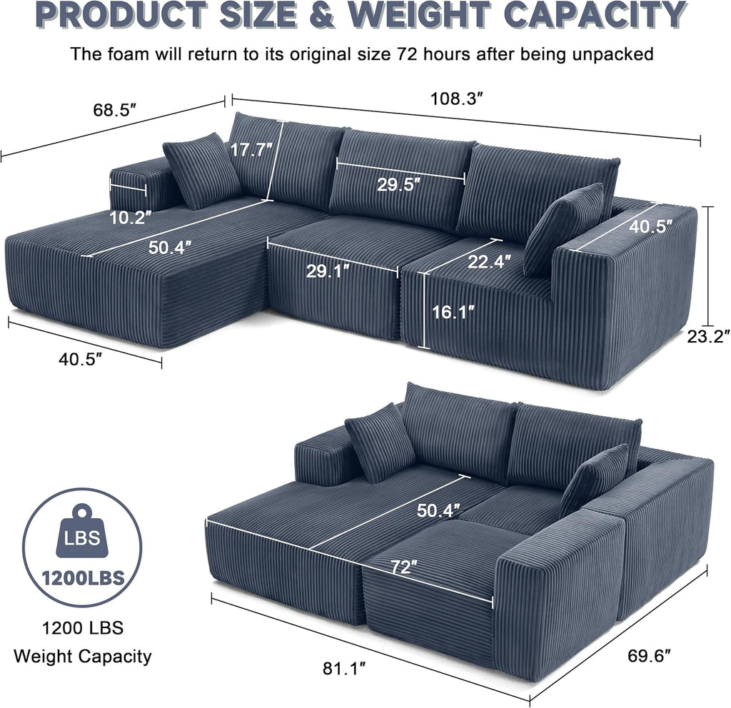 108' Modular Sectional Sofa, Cloud Sectional Couch with Deep Seat, Boneless Couches for Living Room Bedroom, Modern Modular L-Shape Sofa Couch with Chaise (Blue, Left Facing Chaise)