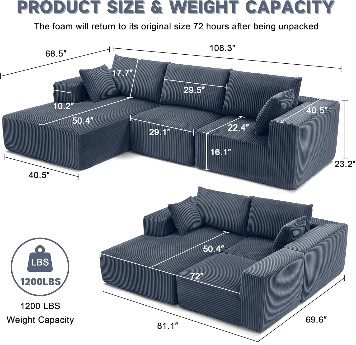 108' Modular Sectional Sofa, Cloud Sectional Couch with Deep Seat, Boneless Couches for Living Room Bedroom, Modern Modular L-Shape Sofa Couch with Chaise (Blue, Left Facing Chaise)