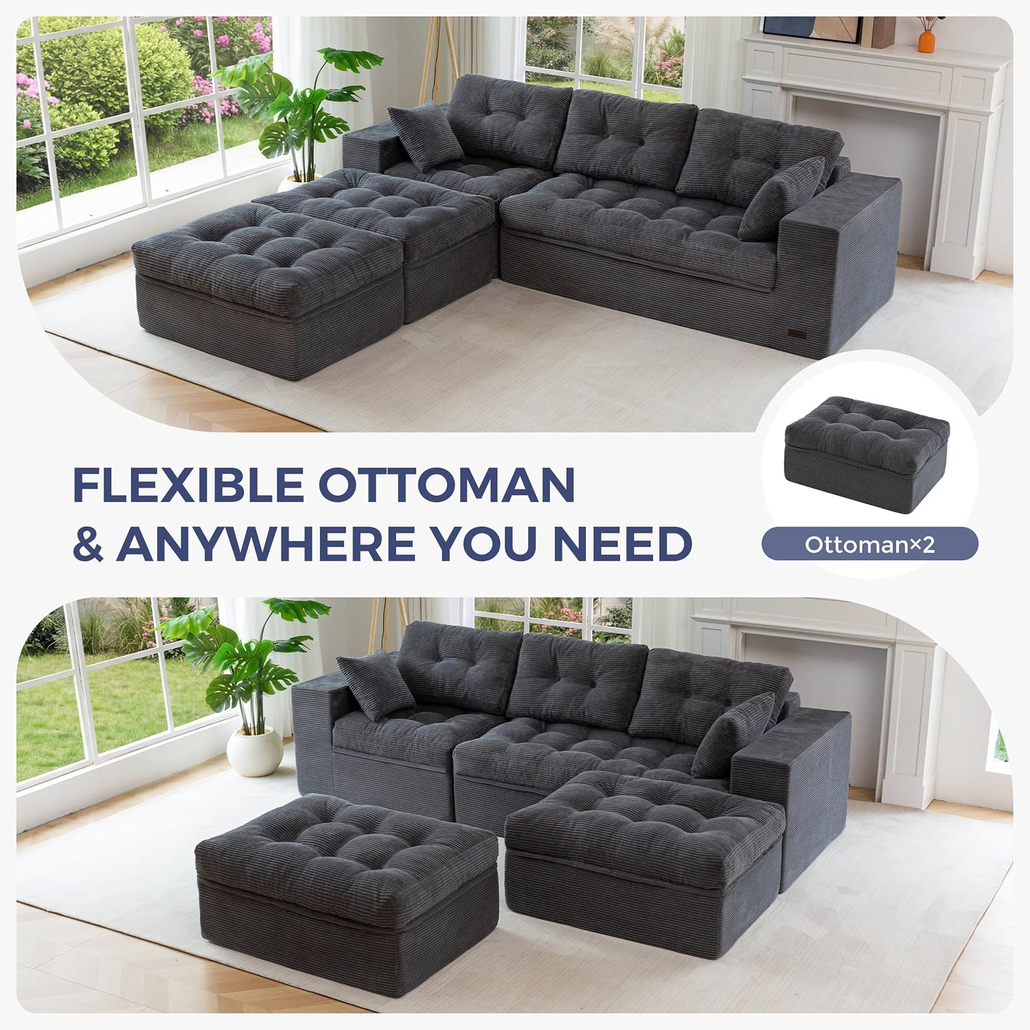MAXYOYO 104' U Shaped Modular Sectional Sofa with 2 Ottomans, Cloud Boneless Couch with Layered Cushion, Flexible Module Combination Sofa for Living Room, No Assembly Required, Dark Grey