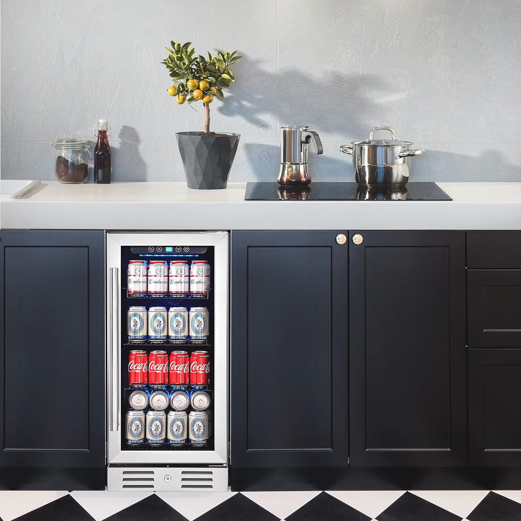 15 Inch Beverage Cooler and Kalamera Refrigerator Under Counter Built-in or Freestanding - 96 Cans Capacity Mini Fridge- for Soda, Water, Beer or Wine - For Kitchen or Bar with Blue Interior Light