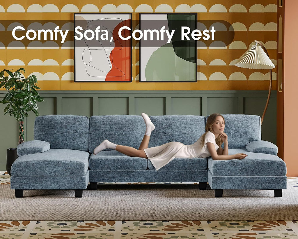 Furmax Sectional Couches for Living Room, U-Shaped Sofa Couch with Linen Fabric, 4 Seat Sofa Set with Double Chaise for Apartment (Fabric, Light Blue)