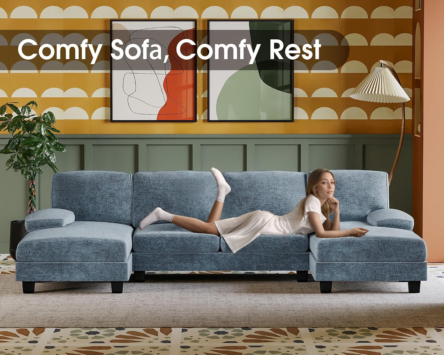Furmax Sectional Couches for Living Room, U-Shaped Sofa Couch with Linen Fabric, 4 Seat Sofa Set with Double Chaise for Apartment (Fabric, Light Blue)