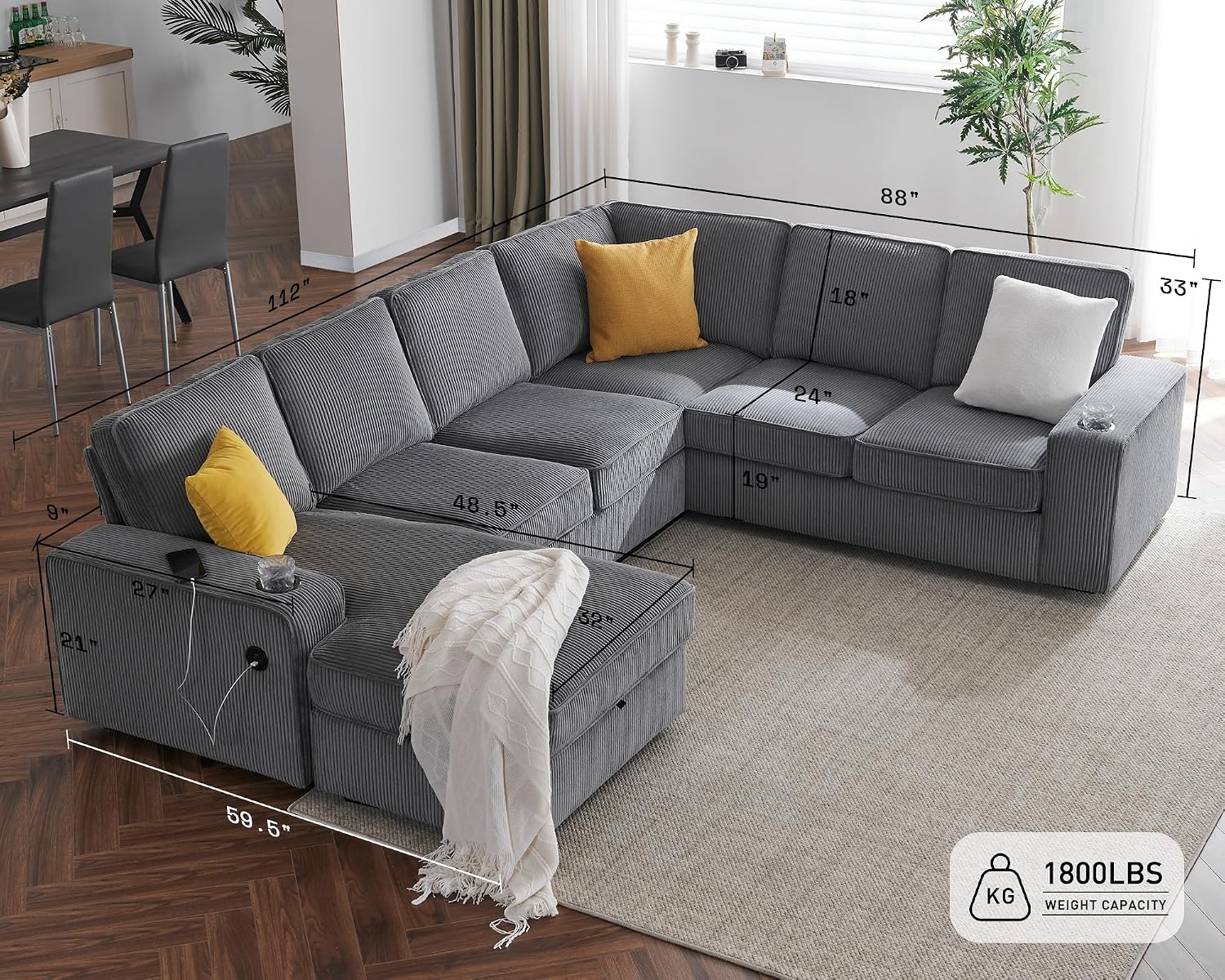 AMERLIFE 112 Inch U Shaped Couch, Oversized Couch with Storage Chaise & Cup Holders, Sectional Sofa with USB & Type-C Charging Ports, Corduroy Grey