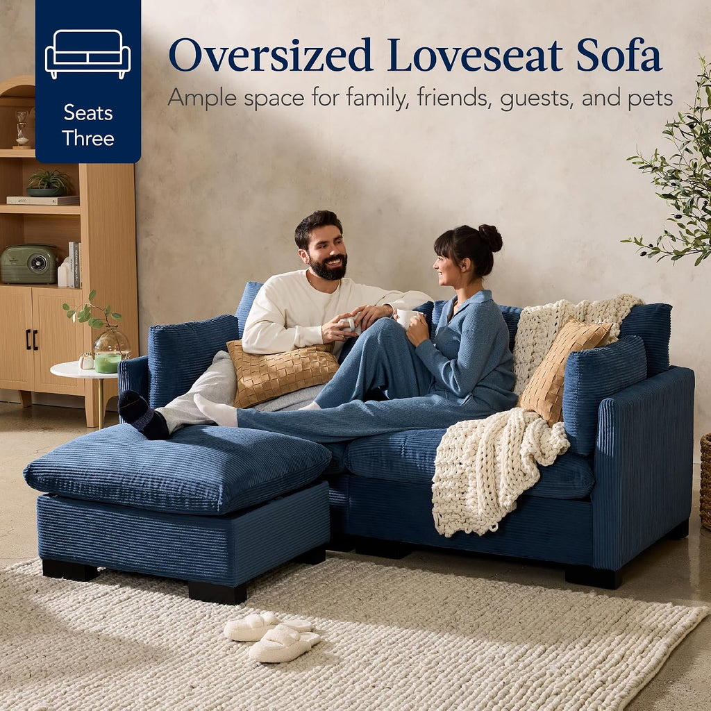 Best Choice Products Modern Loveseat Sofa for Living Room, Corduroy Recliner, Removable Cover, Spring Cushions, Solid Wood Frame, Easy Assembly for Small Spaces, 82in – Stone Blue