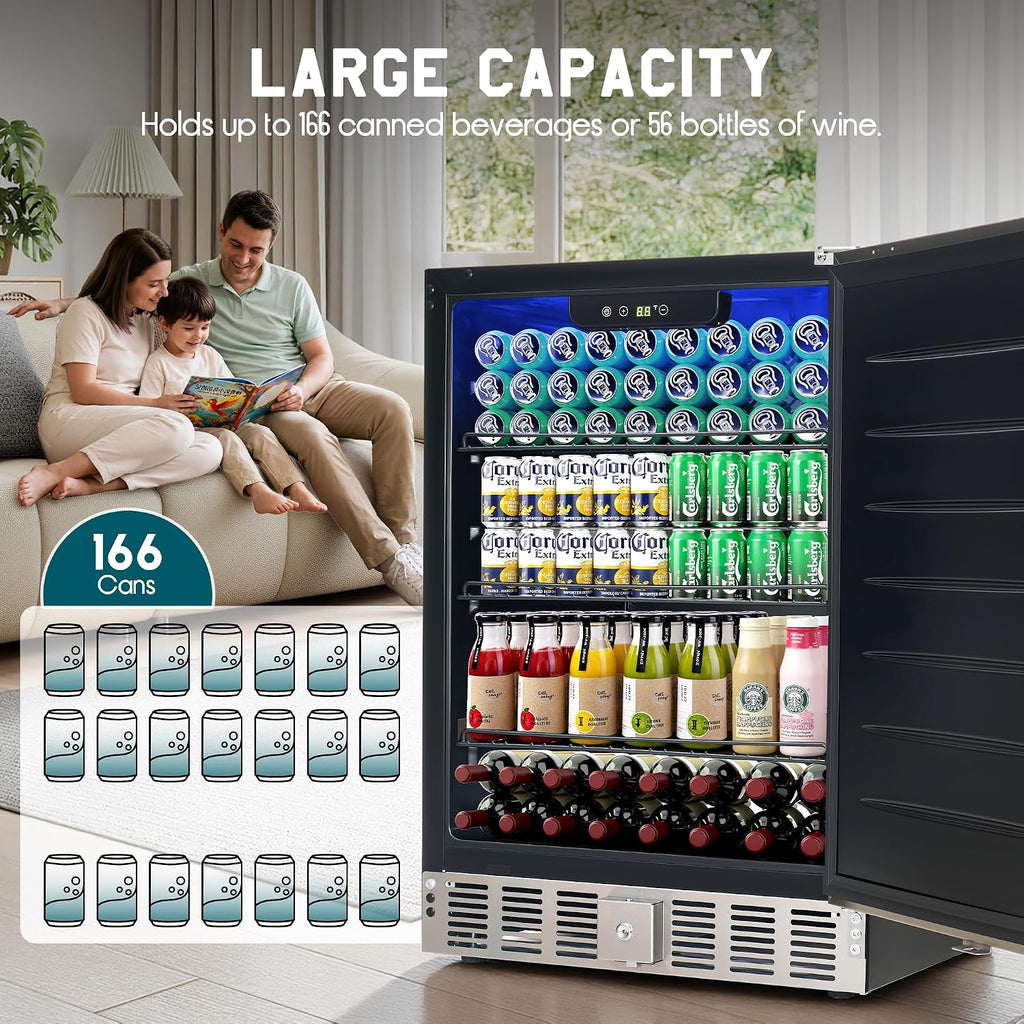 Albott 24 Inch Outdoor Beverage Fridge, 5.0 Cu.Ft Beverage Refrigerator Holds 166 Cans, 32-50°F Drink Cooler with IPX4 Waterproof Design, Auto-Defrost, Build-In or Freestanding for Patio & Backyard