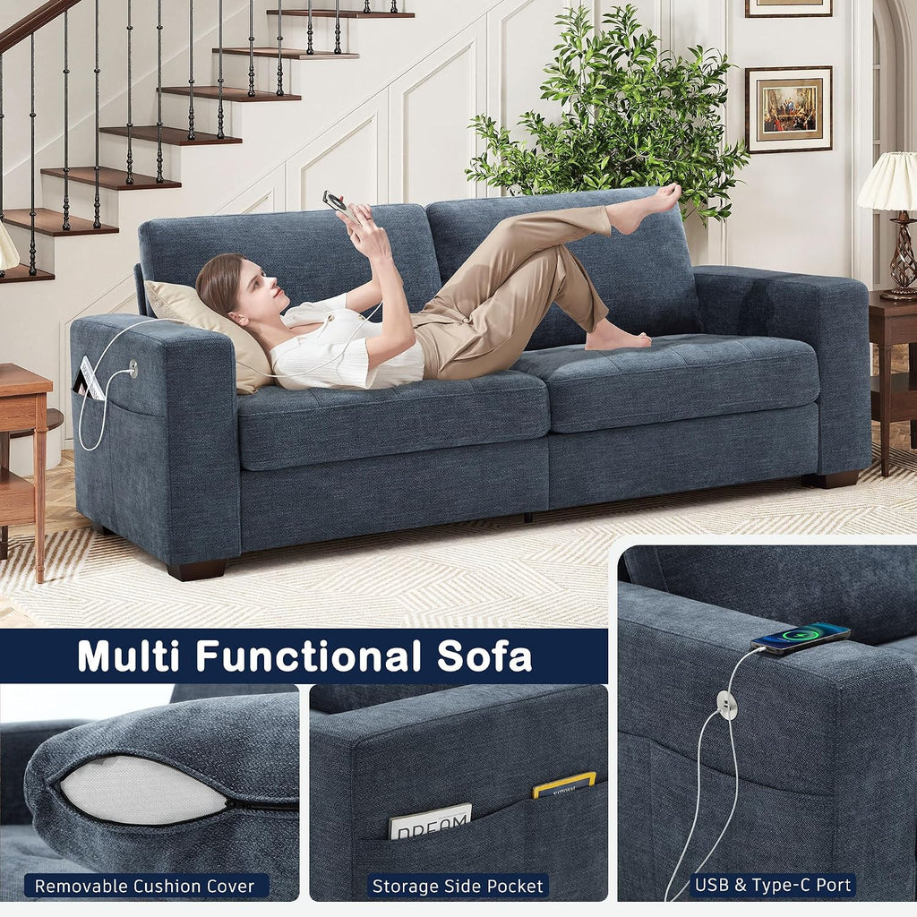 Hanherry 89' Sofa for Living Room, Modern Comfy Couch with Medium Firm Seat Cushion, Removable Cover,Wide Armrest,USB/Type-C Port,Chenille Fabric Couches for Small Space,Apartment