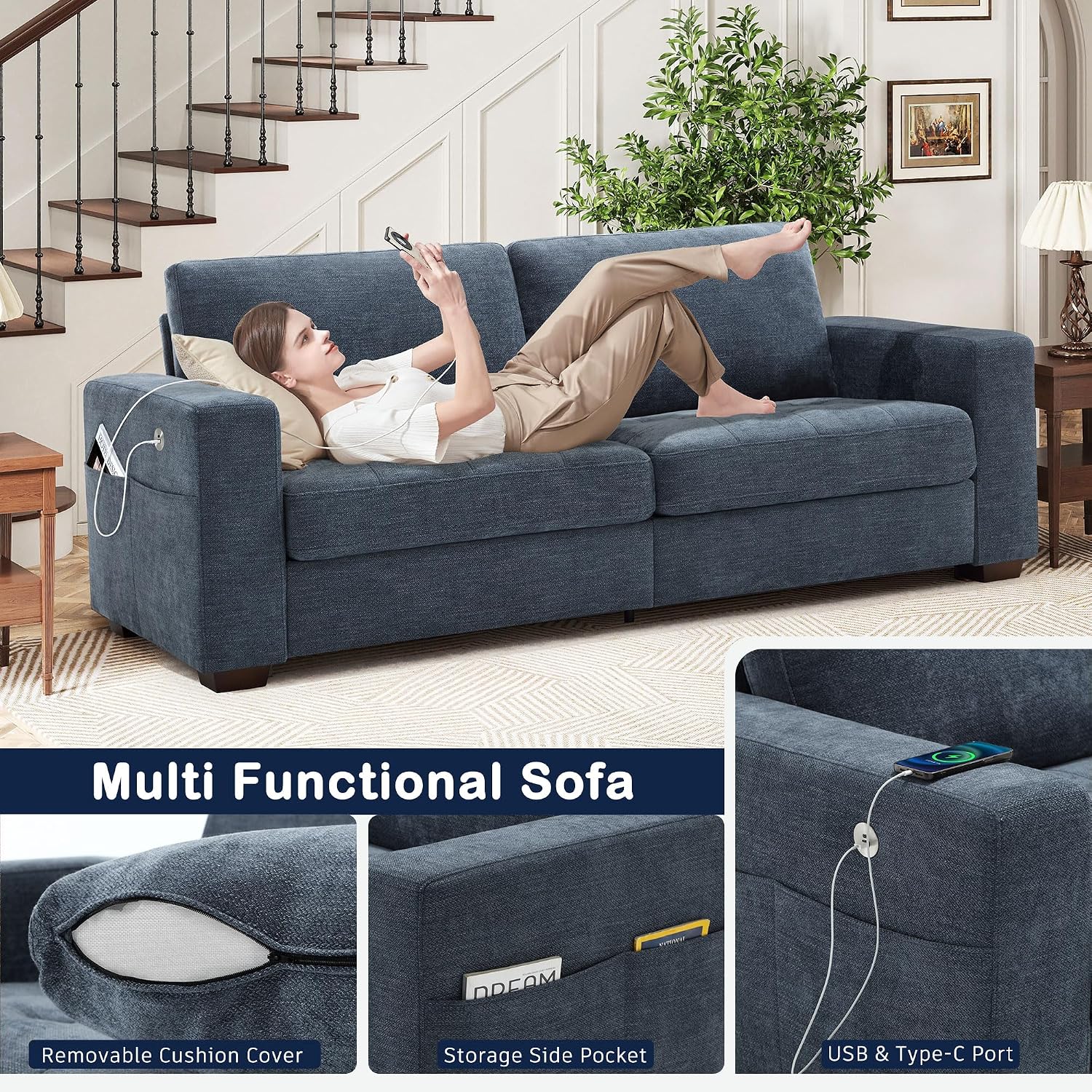 Hanherry 89' Sofa for Living Room, Modern Comfy Couch with Medium Firm Seat Cushion, Removable Cover,Wide Armrest,USB/Type-C Port,Chenille Fabric Couches for Small Space,Apartment