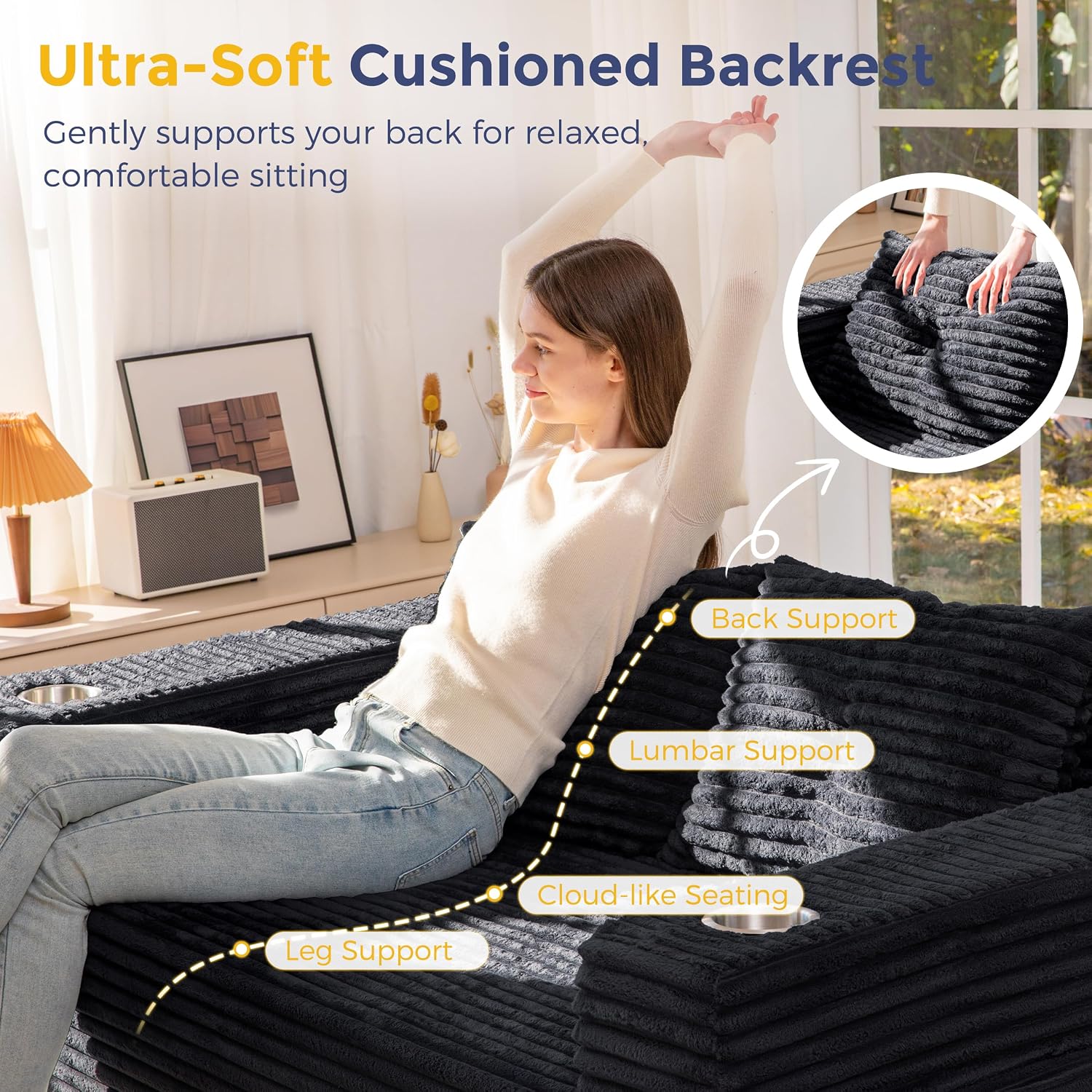 MAXYOYO 63' Boneless Loveseat Sofa Couch for Small Spaces, Mini Love Seat Floor Couch with Cup Holders and Pillows, 2-Seater Upholstered Cloud Couch for Bedroom Apartment, No Assembly Required