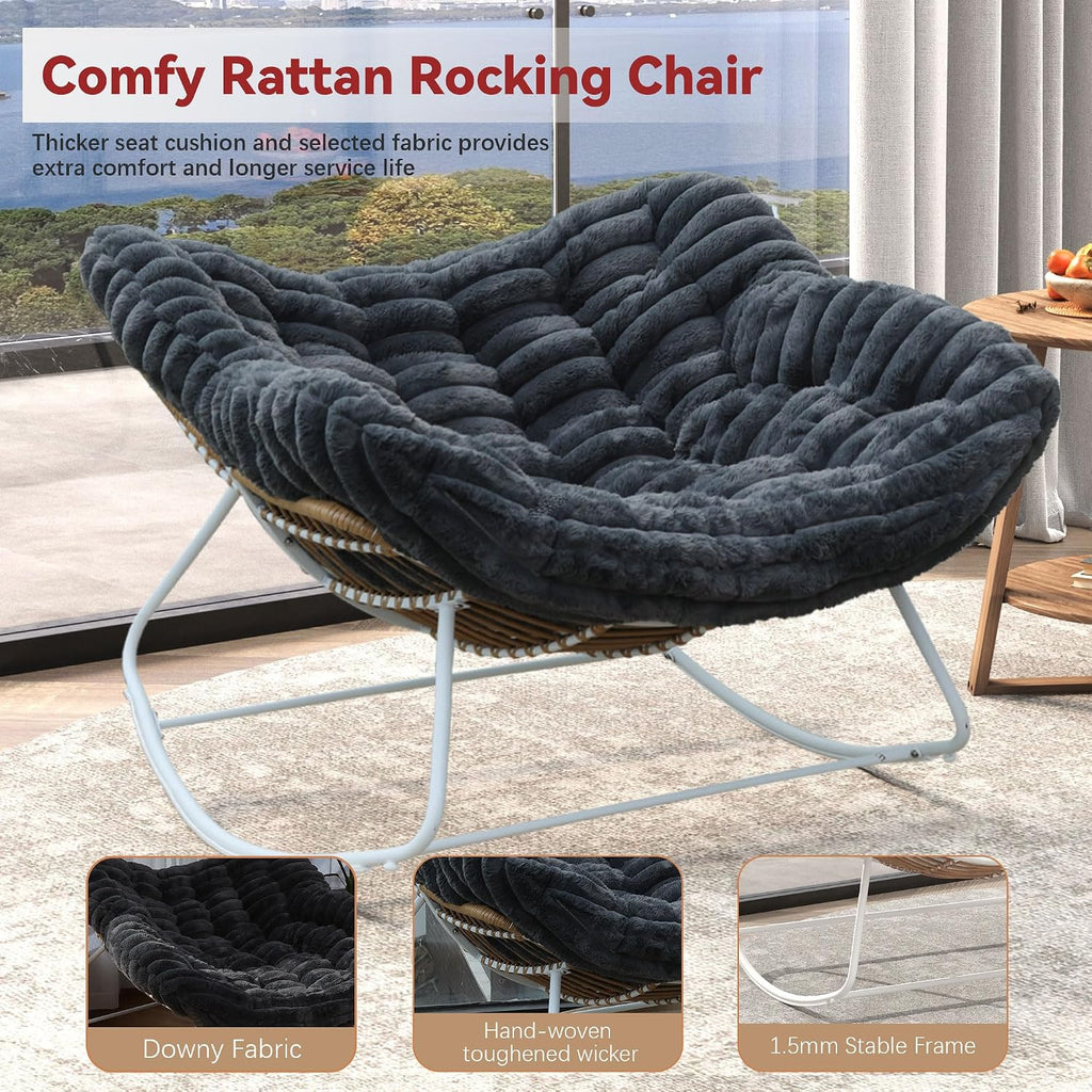 Papasan Rocking Chair, Rattan Rocking Chair, Oversized Outdoor Chair with Deep Seat Thick Cushion, Patio Rocking Chair for Bedroom/Porch/Garden (Deep Grey & White)