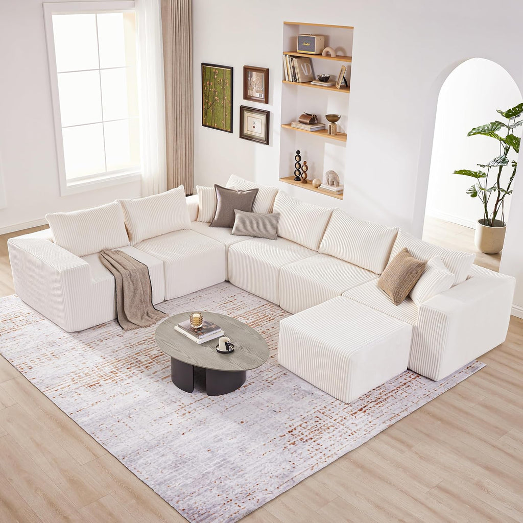 Boneless Couch, Cloud Couch Sectional, Modular Sofa with Deep Seat, Convertible Sectional Couches for Living Room, Plush Corduroy U Shaped Boneless Couch (Beige, 6 Seater & 1 Ottoman)
