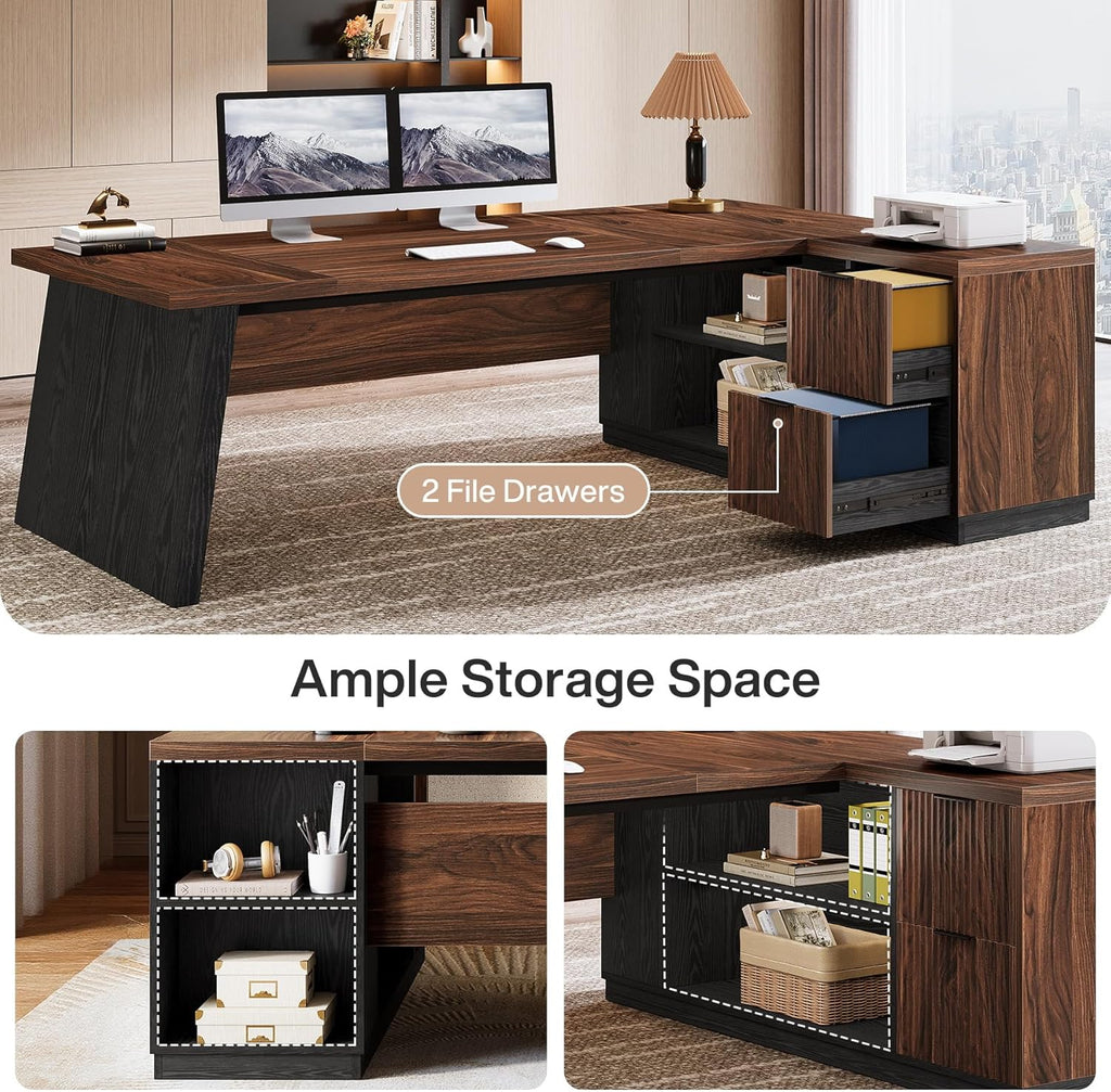 Tribesigns 78' L Shaped Executive Desk, Large Office Desk with Drawers and Storage Shelves, Modern Corner Computer Table Business Furniture for Home Office (Walnut & Brown)