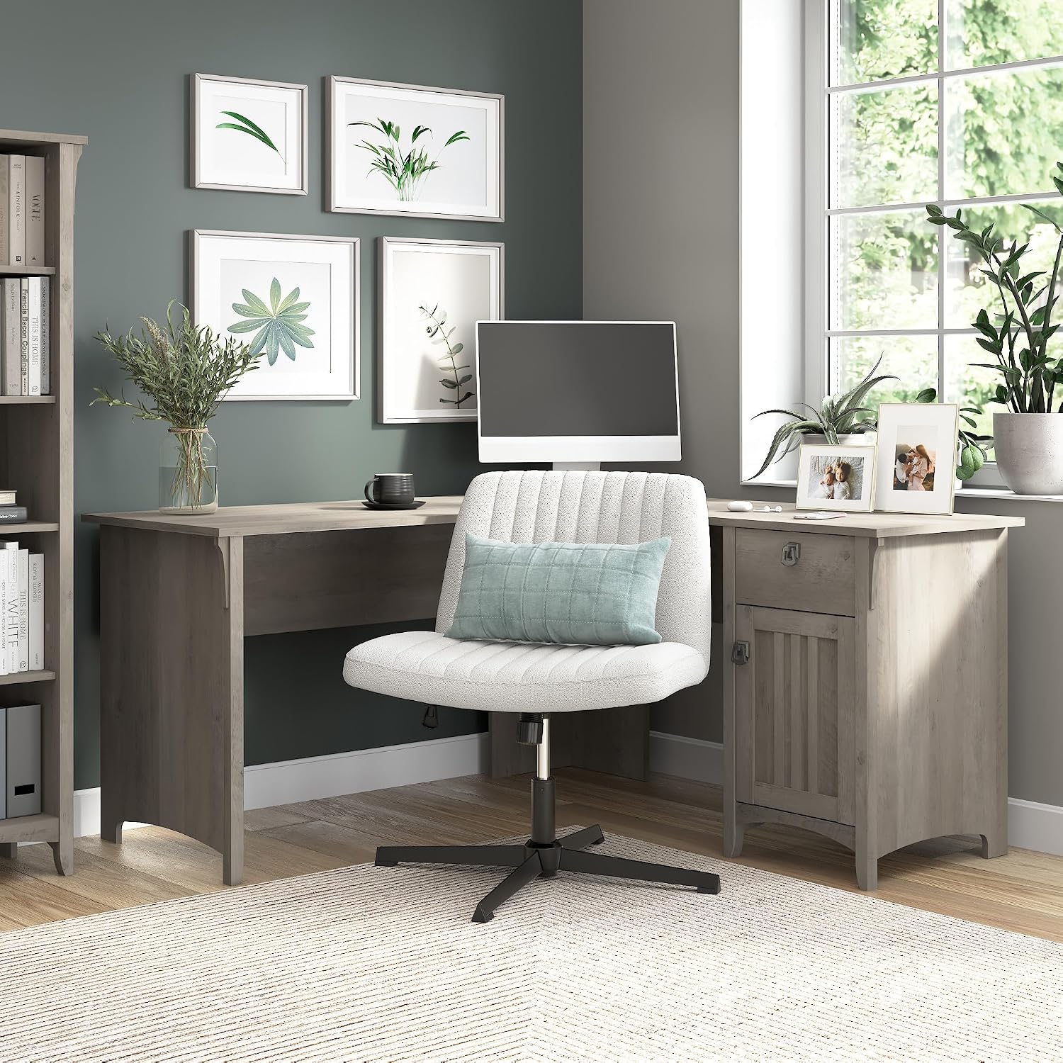 Bush Home L Shaped Desk with Storage for Home Office, Modern Farmhouse Corner Table with Drawers and Cabinets, Salinas Collection, Driftwood Gray