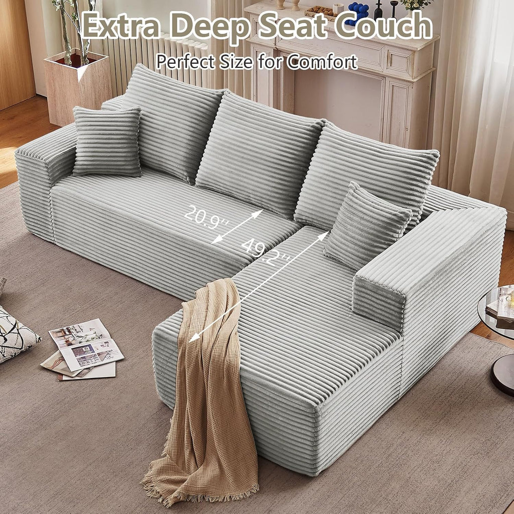 107' Cloud Sectional Couch with L-Shape Chaise, Modern Modular Comfy Sofa Chaise Longue, Upholstered Corduroy Couches Sleeper with Deep Seat for Living Room Bedroom, No Assembly Required, Grey
