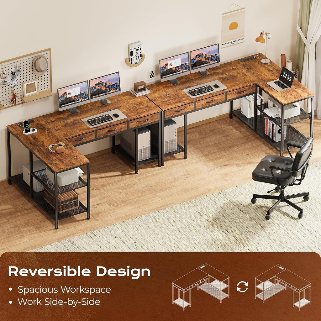 PRAISUN 55 Inch L Shaped Office Desk with Power Outlets and Type-C Port, Large Computer Gaming Desk with 3 Fabric Drawers, Mesh Shelves, Corner Study Work Writing Desk, Rustic Brown