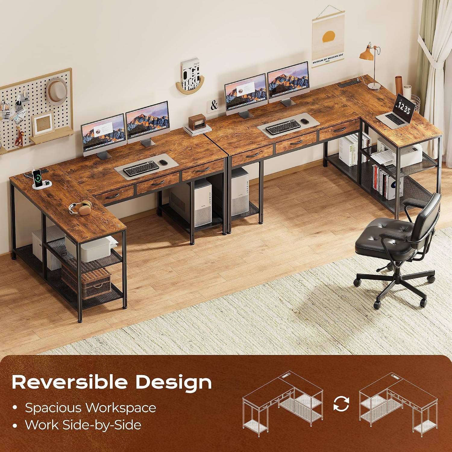PRAISUN 55 Inch L Shaped Office Desk with Power Outlets and Type-C Port, Large Computer Gaming Desk with 3 Fabric Drawers, Mesh Shelves, Corner Study Work Writing Desk, Rustic Brown