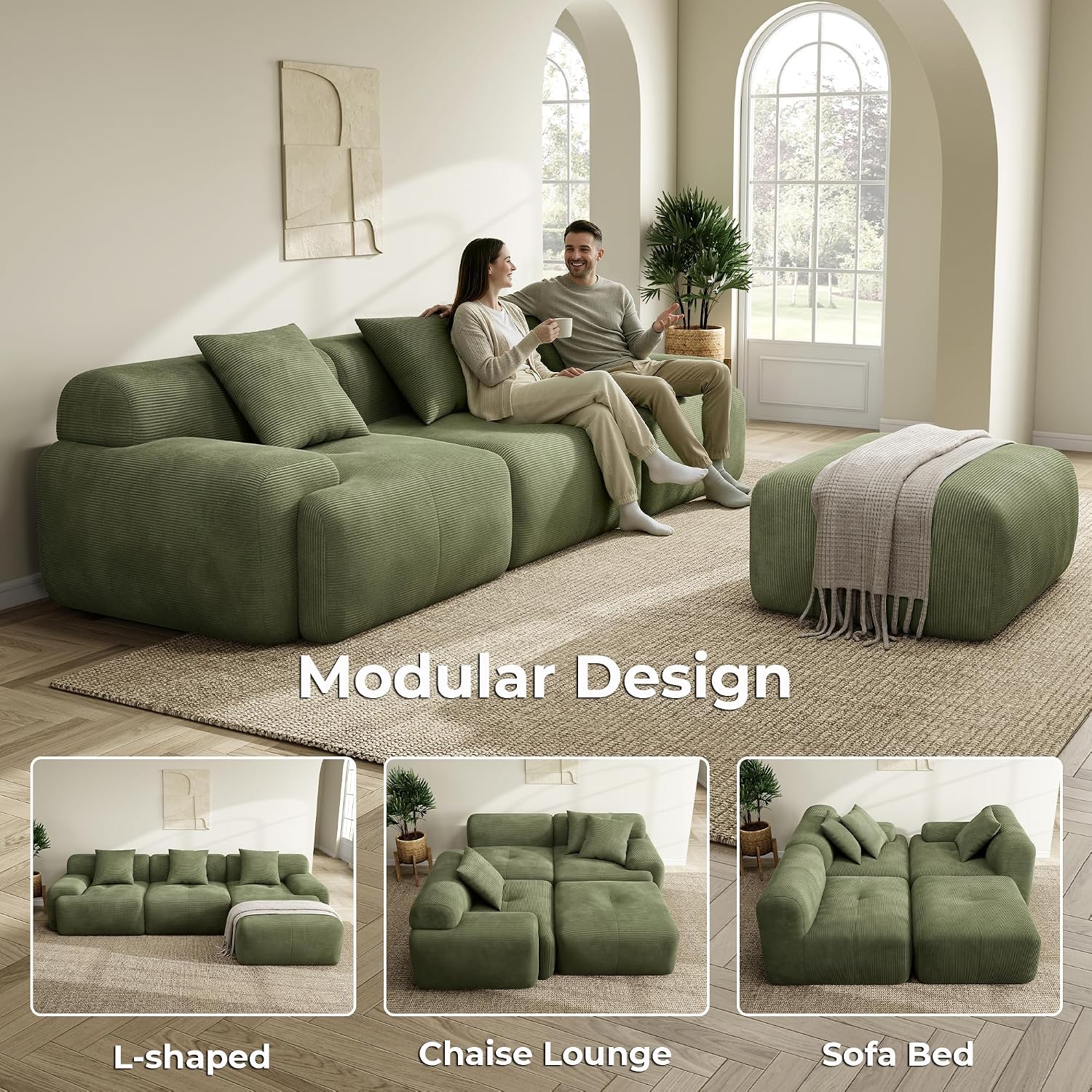 LIKIMIO LumiCord Modular Sectional Sofa with Ottoman, 118' L-Shaped Boneless Couch for Living Room, Oversized Deep Seat with Corduroy Upholstery, No Assembly Required, Olive Green