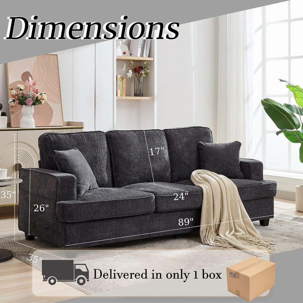 Couches for Living Room, 89 inch Cloud Couch Sofa in Chenile with Extra Comfy Soft Deep Seats, Modern 3 Seater Sofas for Living Room Bedroom Office Apartment, Grey