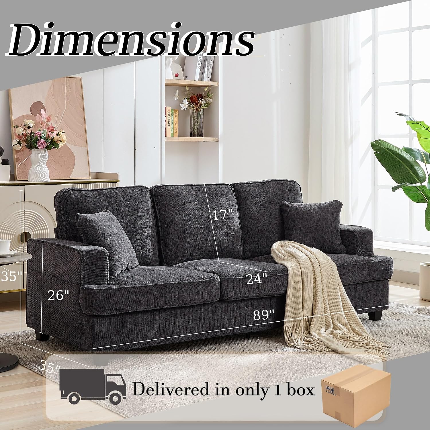 Couches for Living Room, 89 inch Cloud Couch Sofa in Chenile with Extra Comfy Soft Deep Seats, Modern 3 Seater Sofas for Living Room Bedroom Office Apartment, Grey
