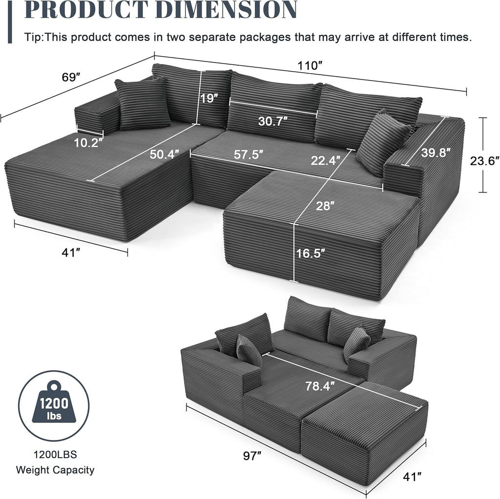 Mangodan 110' Cloud Sectional Couch, Modular Sectional Sofa with Deep Seat, Boneless Sofa for Living Room, Fluffy Comfy U-Shaped Couch with Left Facing Chaise, No Assembly Required, Grey