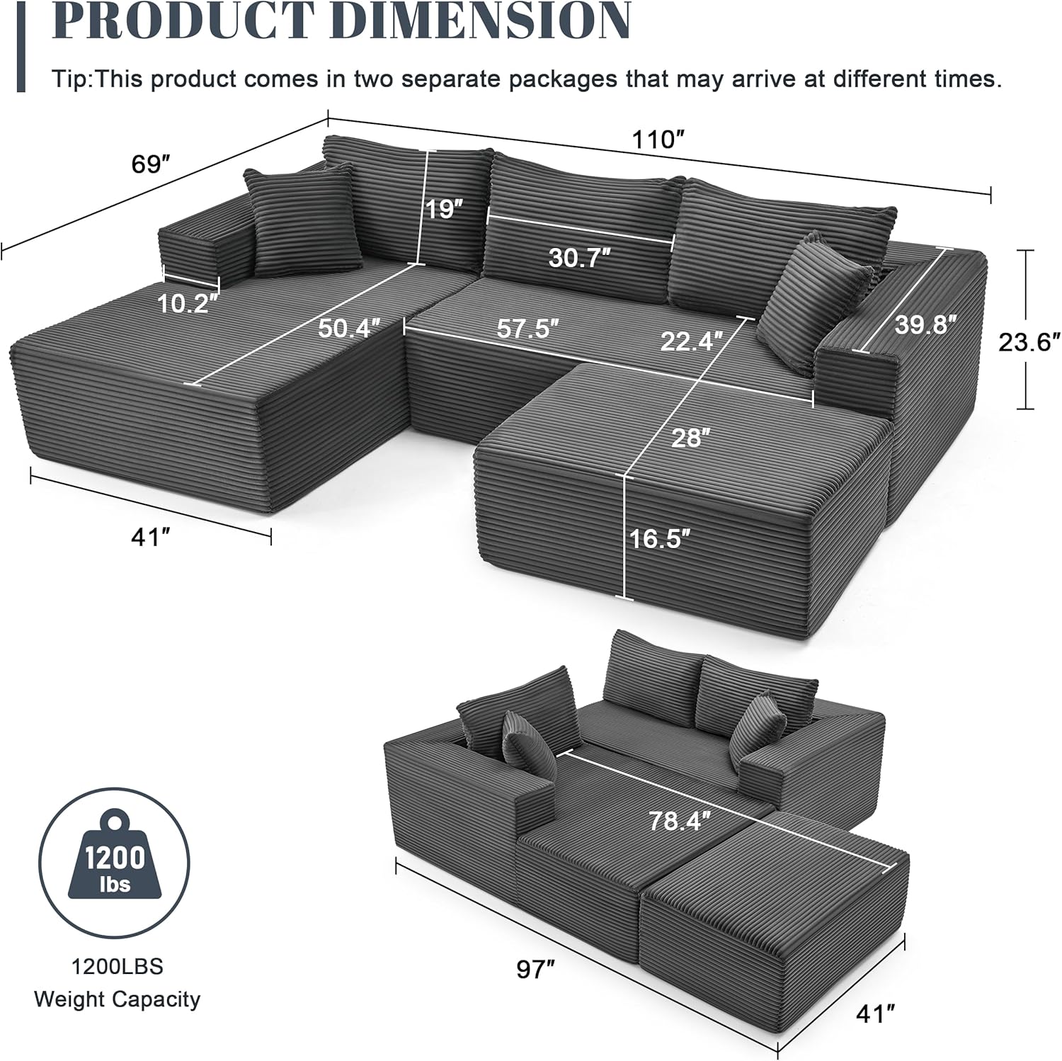 Mangodan 110' Cloud Sectional Couch, Modular Sectional Sofa with Deep Seat, Boneless Sofa for Living Room, Fluffy Comfy U-Shaped Couch with Left Facing Chaise, No Assembly Required, Grey