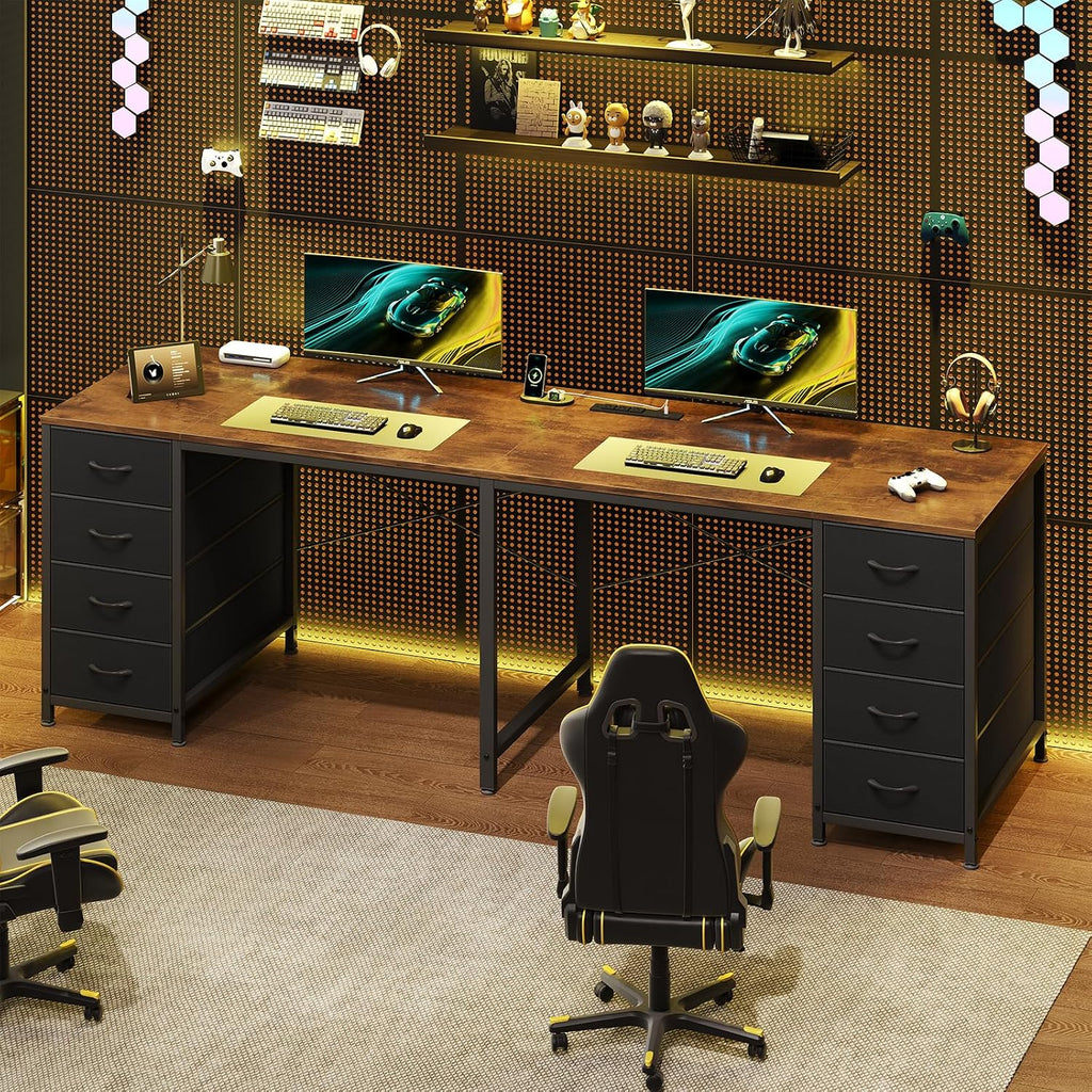 TVU 2 Person Desk with 8 Drawers, Large Home Office Computer Desk with Power Outlets, 78 Inch Long Double Desks for Two People, Rustic Brown