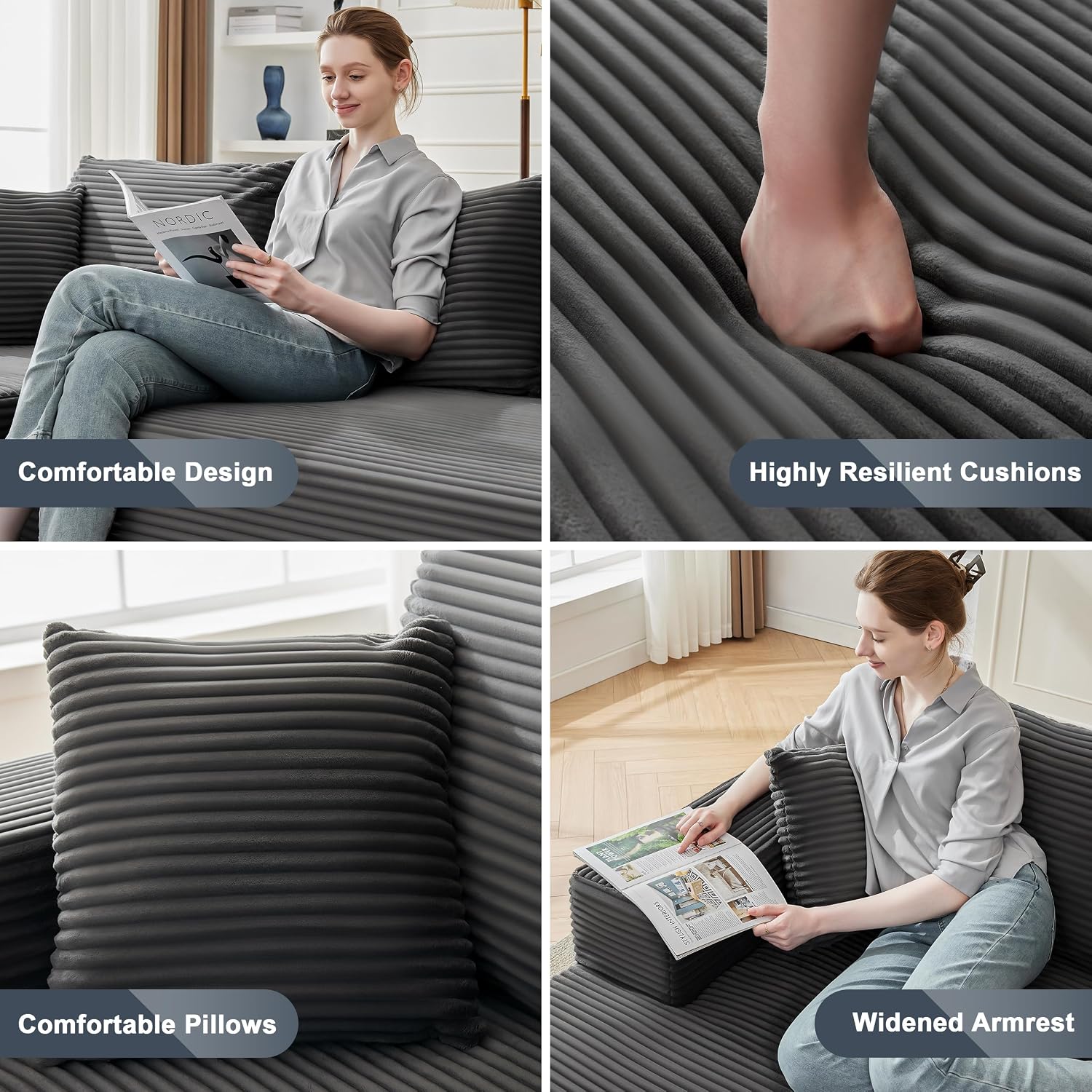 MANGODAN 110' Cloud Sectional Couch, Boneless Sofa for Living Room, Modular Sectional Sofa with Deep Seat, Comfy Fluffy Couch with L-Shaped Chaise, No Assembly Required (Left-Facing Chaise, Dark Grey)