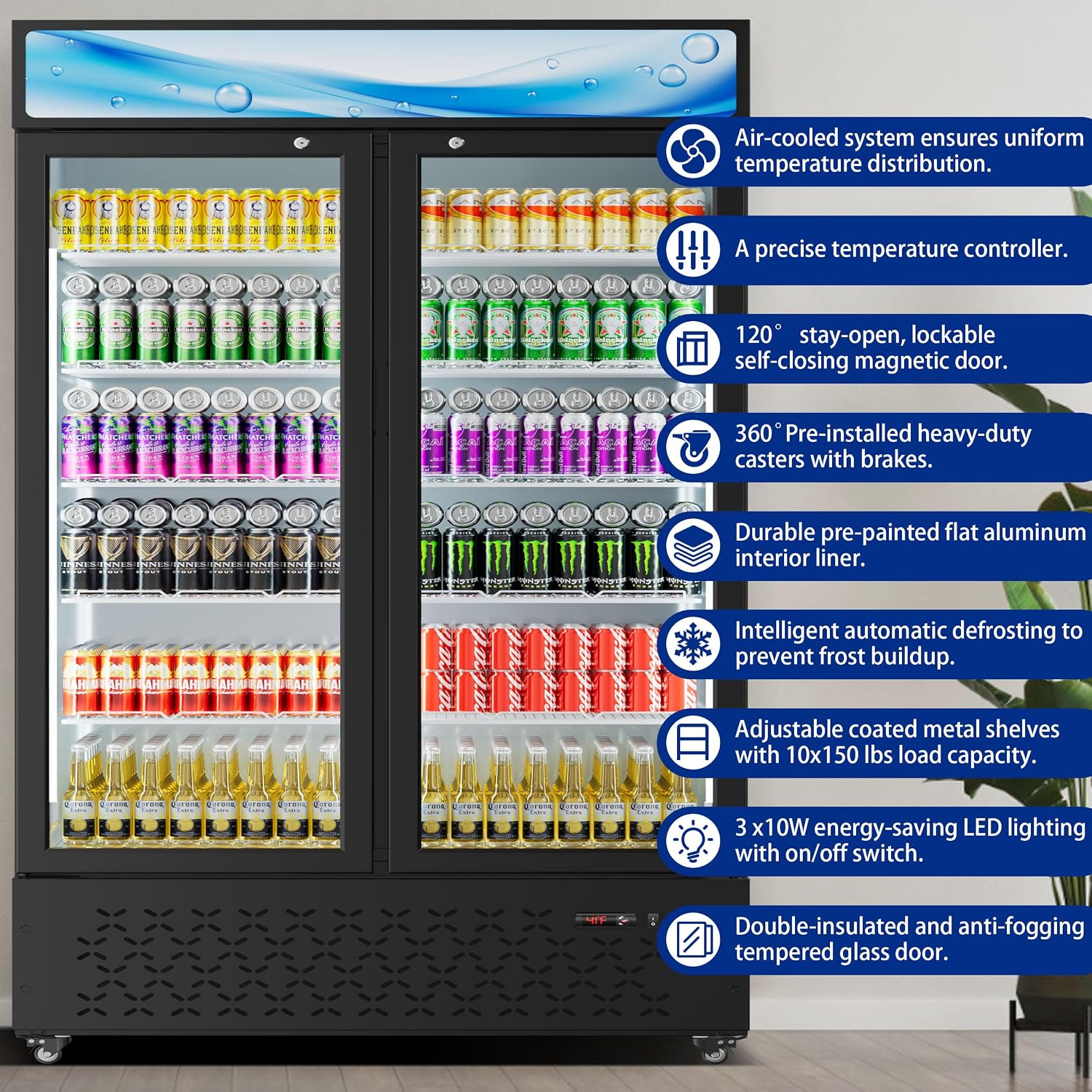 Beverage Cooler Commercial Refrigerator 40.3 Cu.Ft. Glass Door Display Refrigerator with LED Light, Shelves, Display 10 Commercial Beverage Refrigeratorfor Restaurant Cafe Bar Store (40.3 Cu.Ft.)