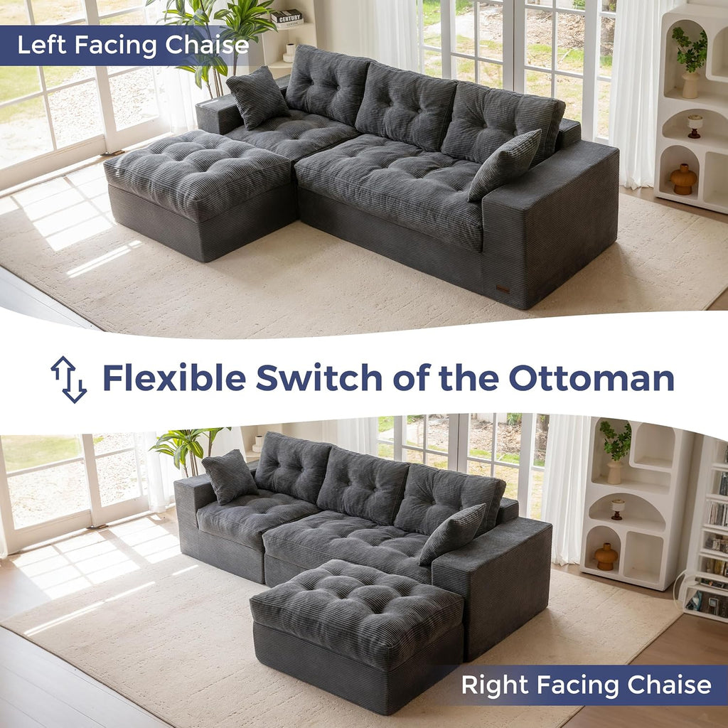 MAXYOYO 104' L Shaped Modular Sectional Sofa with Ottoman, Cloud Boneless Couch with Layered Cushion, Upholstered Sofa Flexible Module Combination for Living Room, No Assembly, Dark Grey