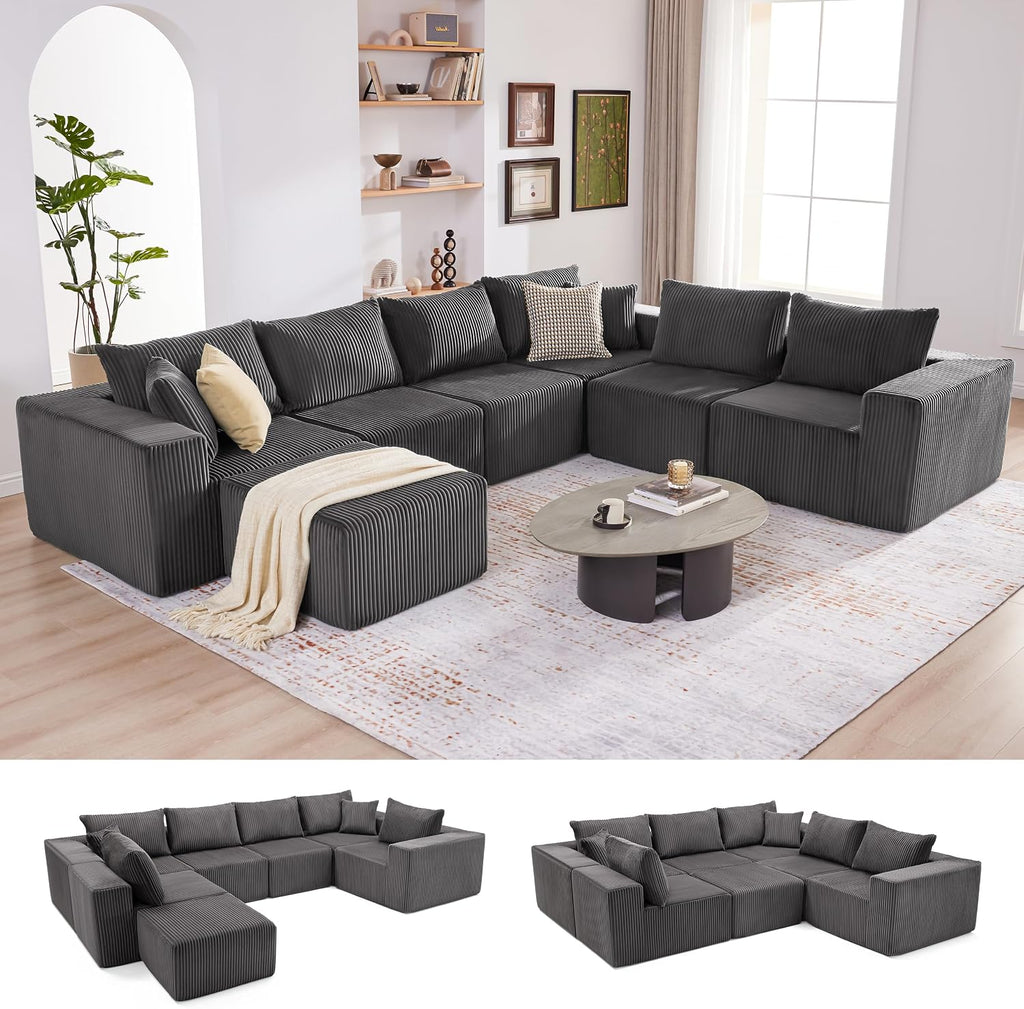 Cloud Couch Sectional, Modular Sofa with Deep Seat, Convertible Sectional Couches for Living Room, Plush Corduroy U Shaped Boneless Couch (Darkgrey, 6 Seater & 1 Ottoman)