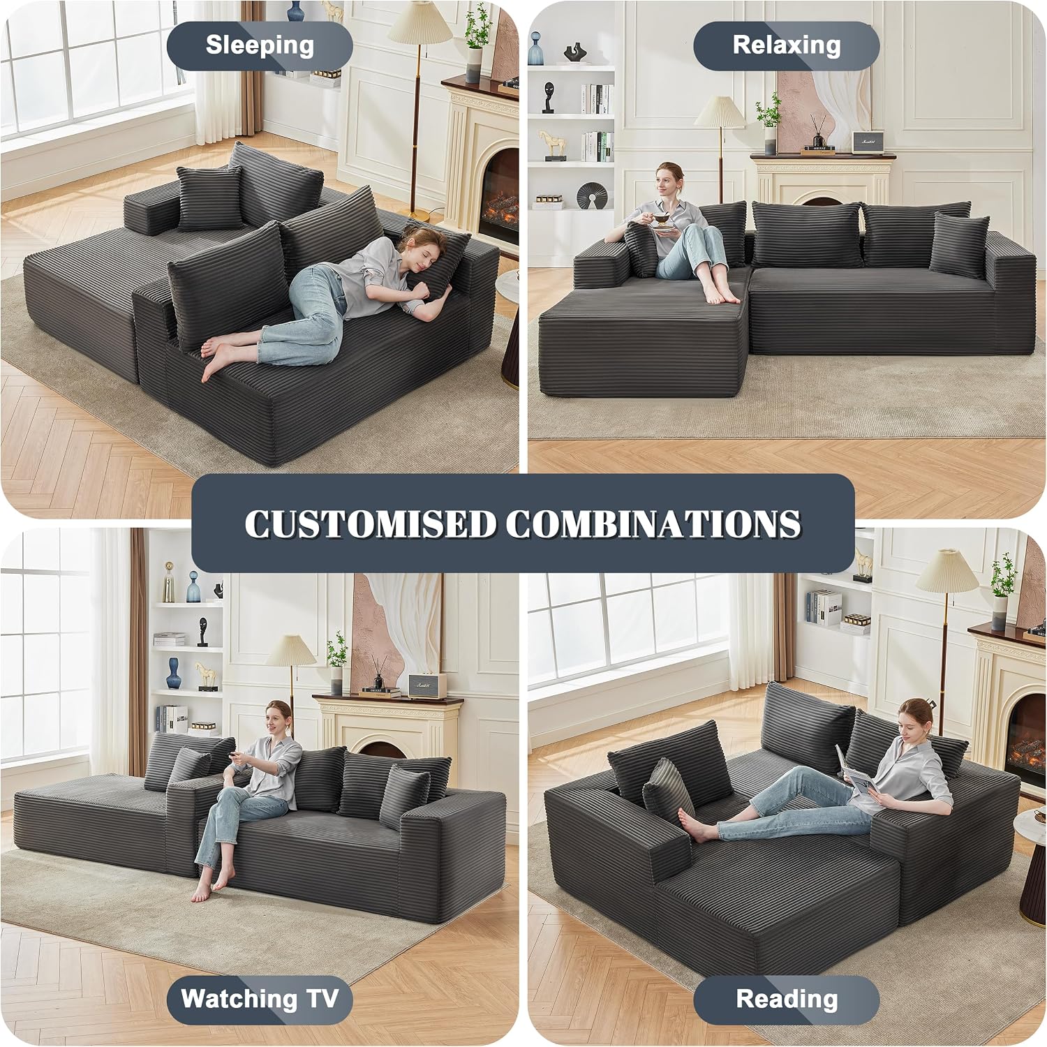 MANGODAN 110' Cloud Sectional Couch, Boneless Sofa for Living Room, Modular Sectional Sofa with Deep Seat, Comfy Fluffy Couch with L-Shaped Chaise, No Assembly Required (Left-Facing Chaise, Dark Grey)