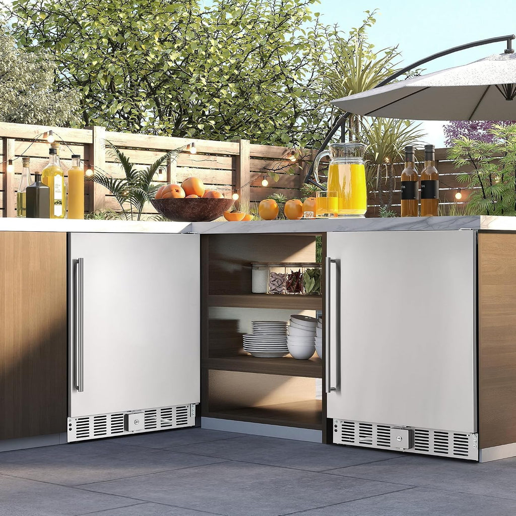 Albott 24 Inch Outdoor Beverage Fridge, 5.0 Cu.Ft Beverage Refrigerator Holds 166 Cans, 32-50°F Drink Cooler with IPX4 Waterproof Design, Auto-Defrost, Build-In or Freestanding for Patio & Backyard